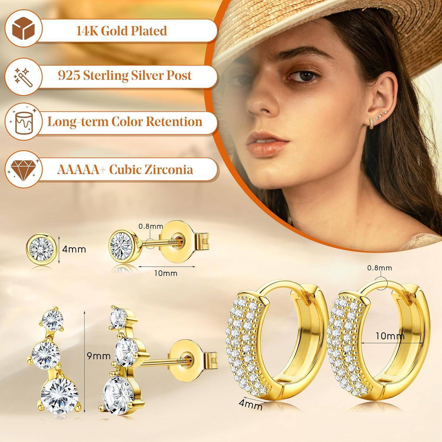 Produktanzeige für vergoldete Creolen mit Kubikzirkonia, zeigt Materialien „14K vergoldet