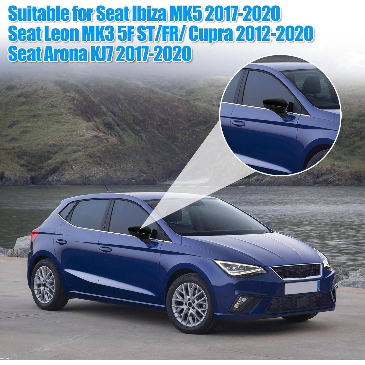Blauer Schrägheckwagen mit abgedecktem Außenspiegel, hervorgehoben in einem vergrößerten Ausschnitt; der Text besagt, dass er für Seat Ibiza MK5, Seat Leon MK3 und Seat Arona passt.