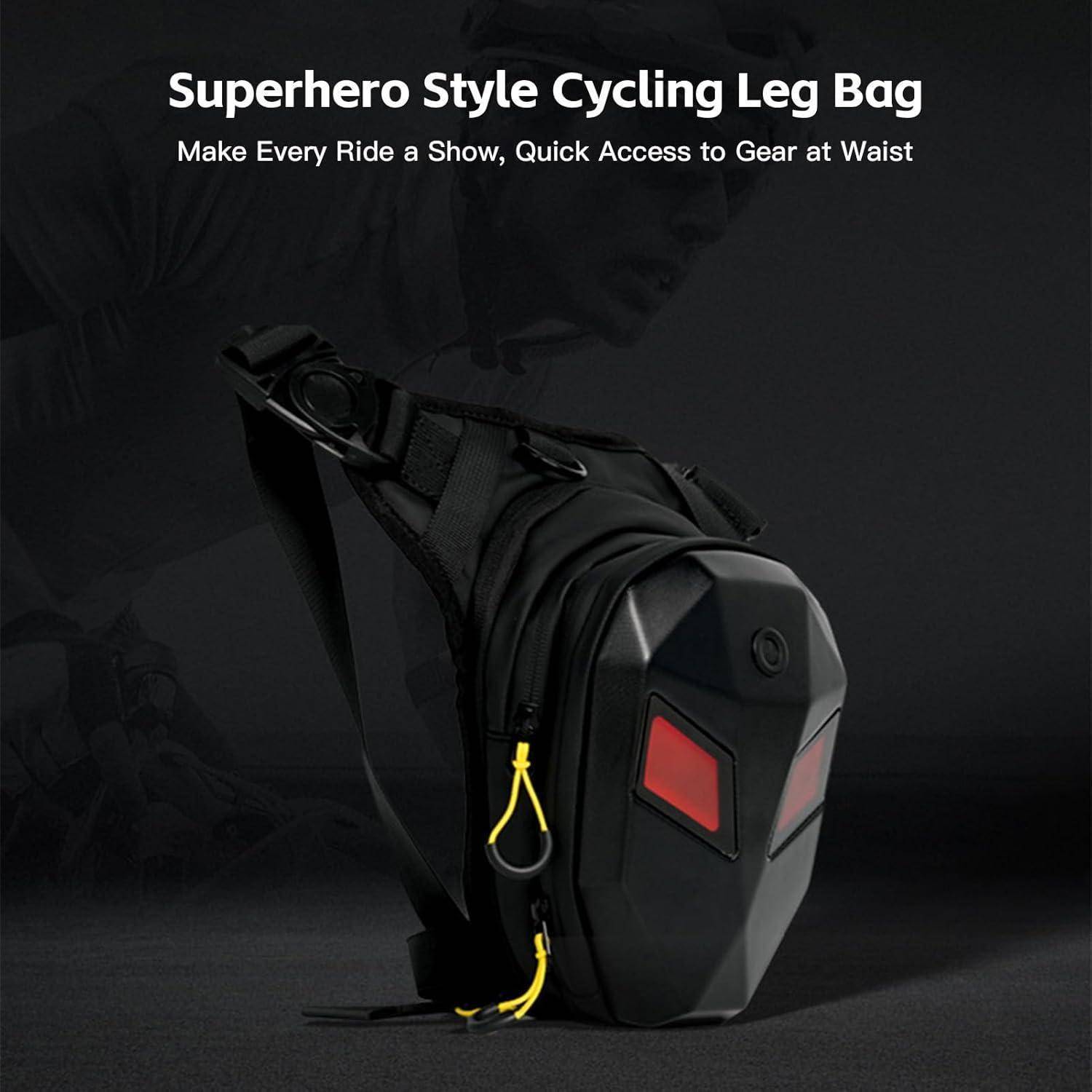 Schwarze Fahrrad-Oberschenkeltasche im Superhelden-Stil mit roten Akzenten und gelben Reißverschlusszügen, vor dunklem Hintergrund mit Text, der schnellen Zugang zu Ausrüstung an der Taille bewirbt.