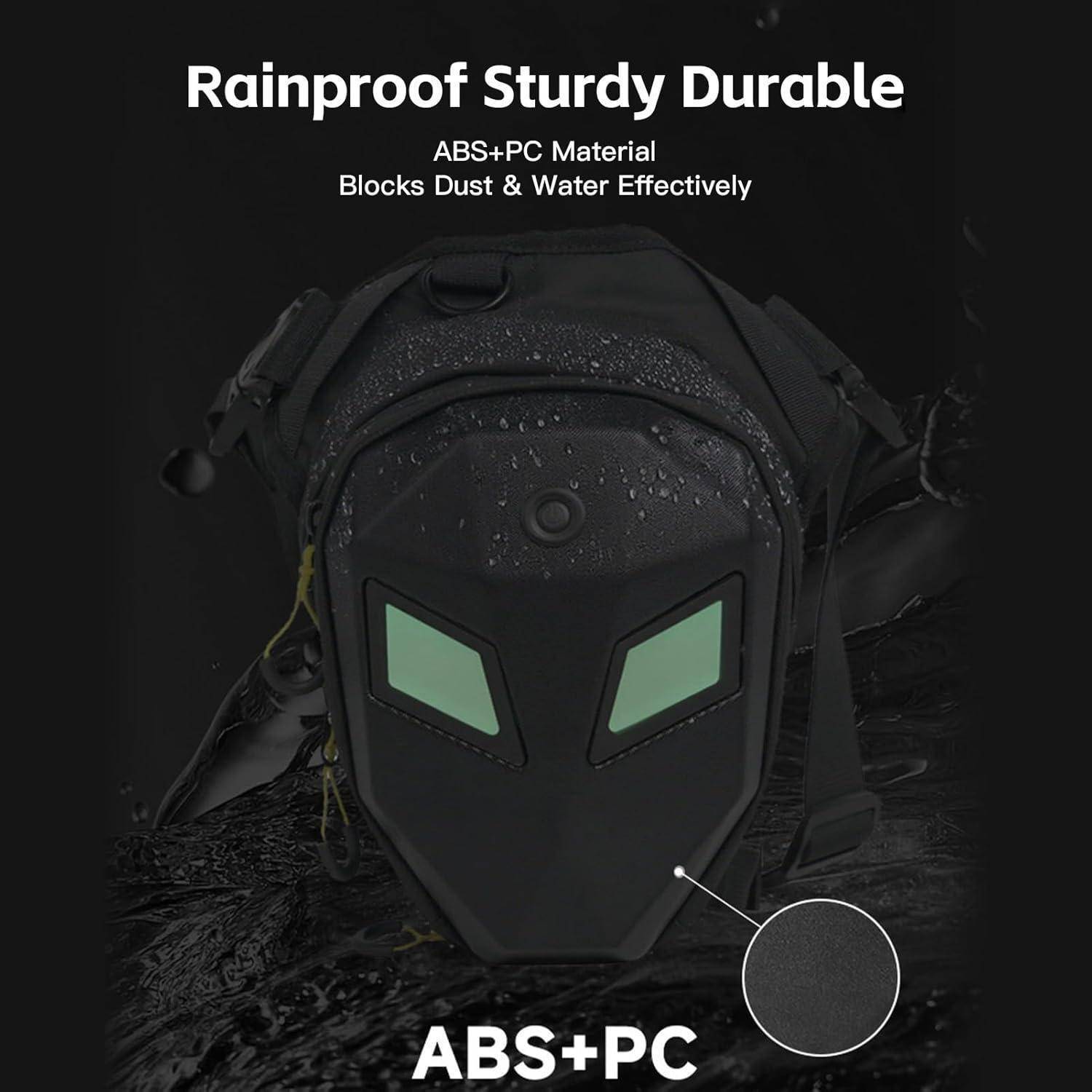 Schwarzer wasserdichter strapazierfähiger Rucksack aus ABS+PC-Material, dargestellt mit Wassertropfen und dem Text „Blockiert Staub und Wasser effektiv".