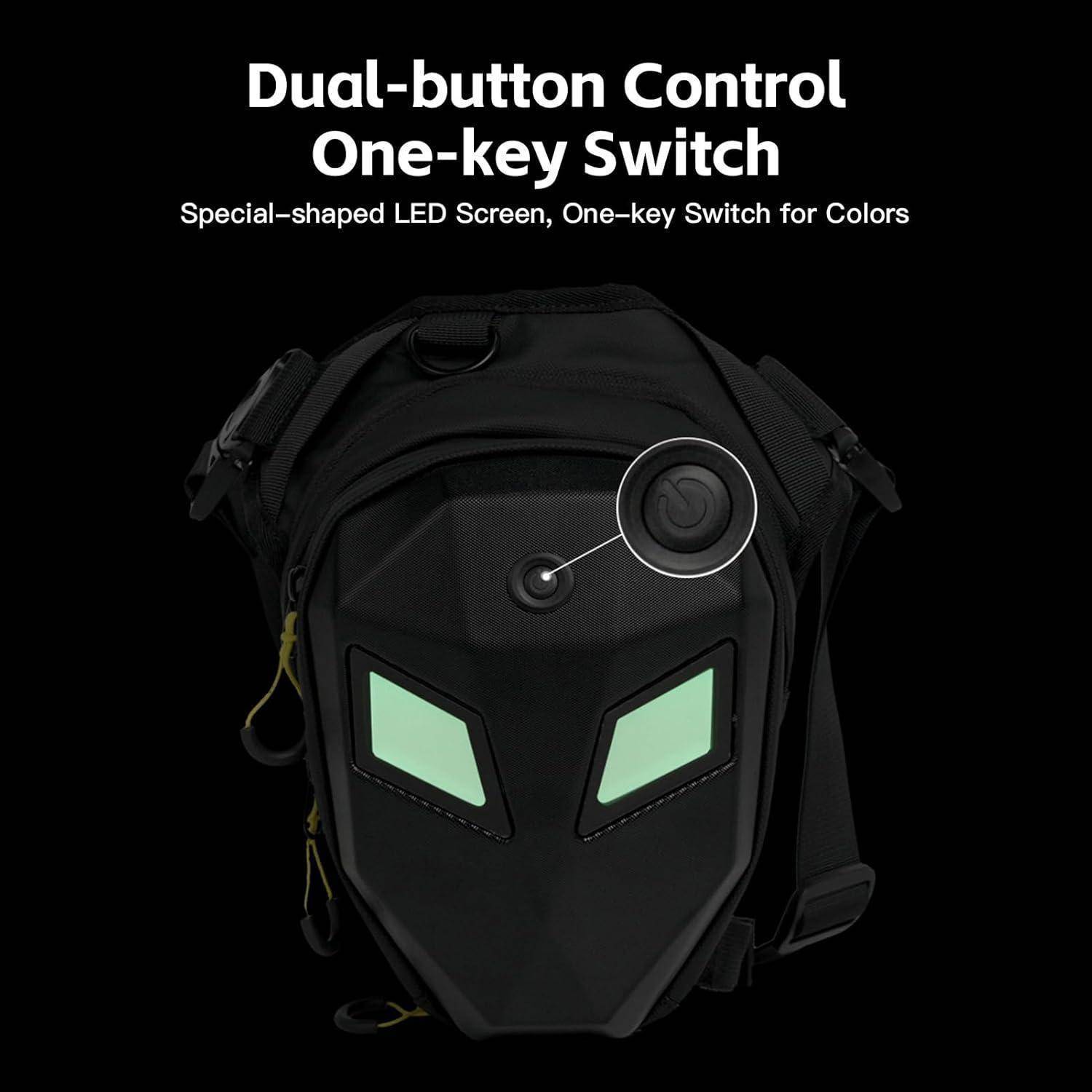 Schwarzer maskenartiger Rucksack mit leuchtenden grünen, augenförmigen LED-Paneelen und der Aufschrift „Dual-button Control One-key Switch" oben.