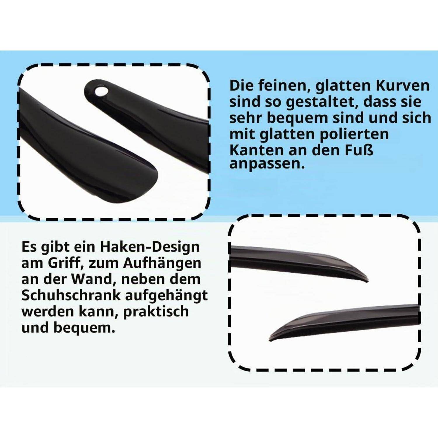 Abbildung schwarzer Schuhlöffel mit glatten, gekrümmten Kanten für Komfort und Hakengriff zum Aufhängen an der Wand; deutscher Text erklärt diese Merkmale.