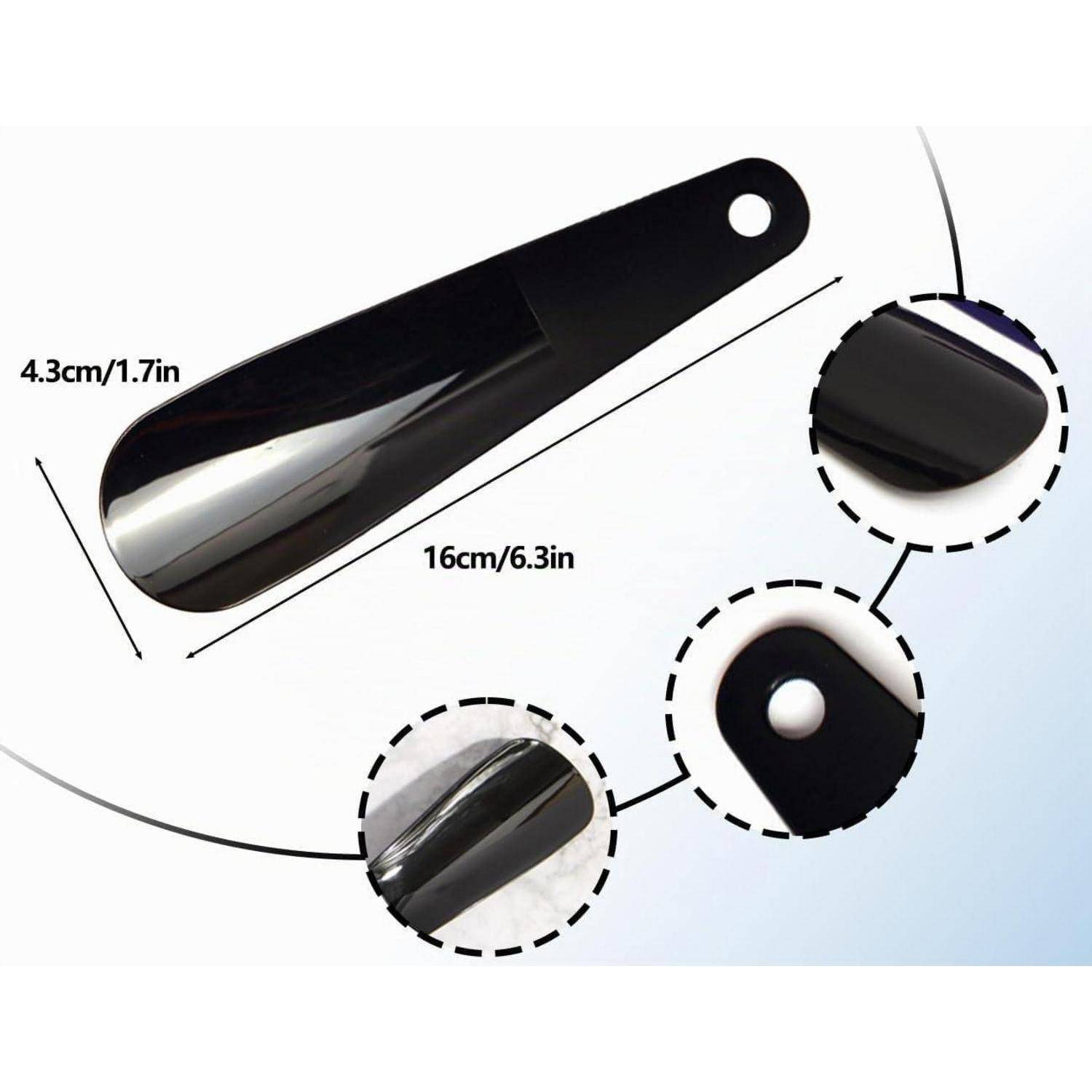 Produktbild eines schwarzen Metallspachtels oder Schabers mit einem Aufhängeloch, beschriftet mit 16 cm Länge und 4,3 cm Breite, mit vergrößerten Detailausschnitten.