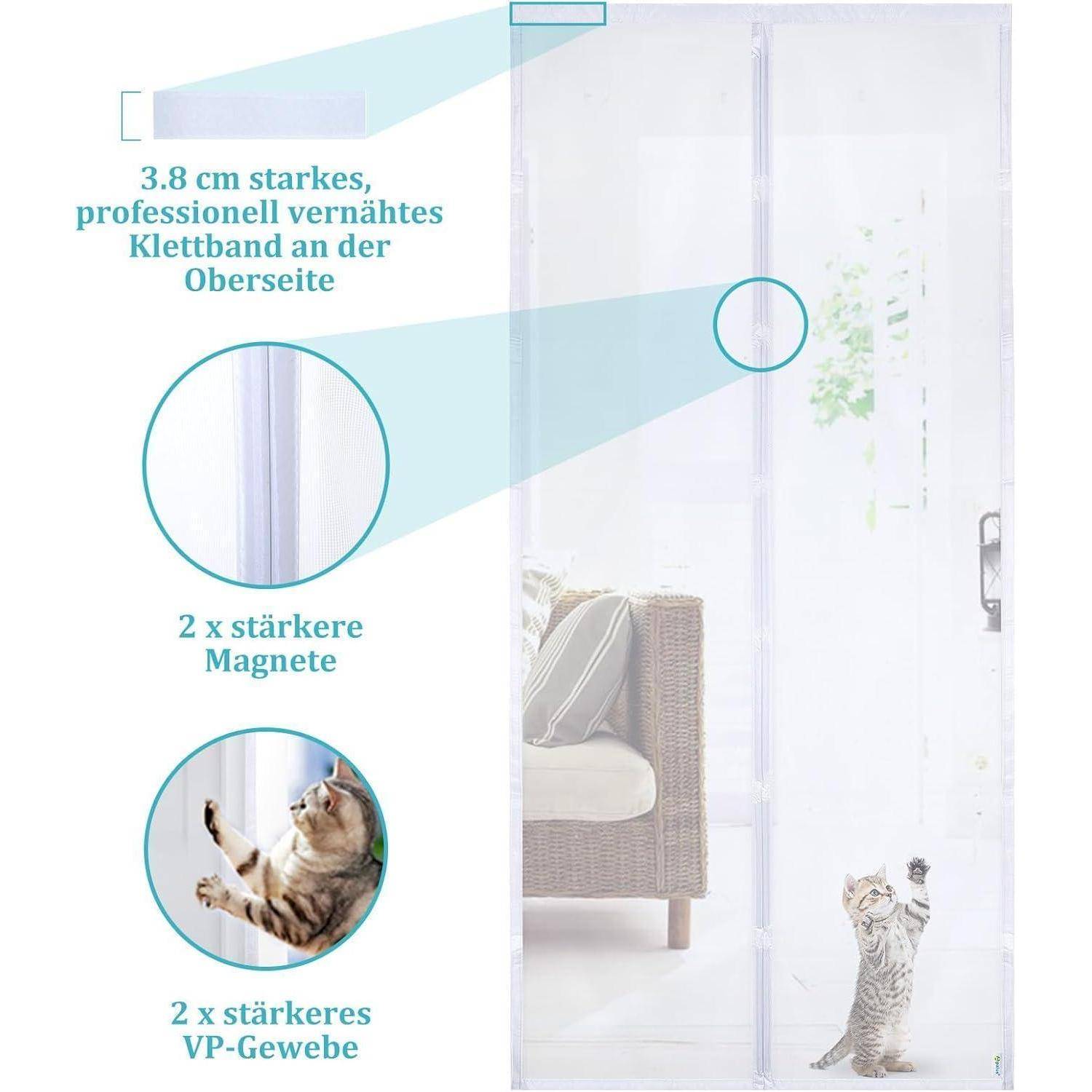 Kommentiertes Produktbild einer transparenten magnetischen Fliegengittertür, die zeigt '3,8 cm starkes, professionell vernähtes Klettband', '2 x stärkere Magnete' und '2 x stärkeres VP-Gewebe', mit einer Katze, die hindurchgeht.