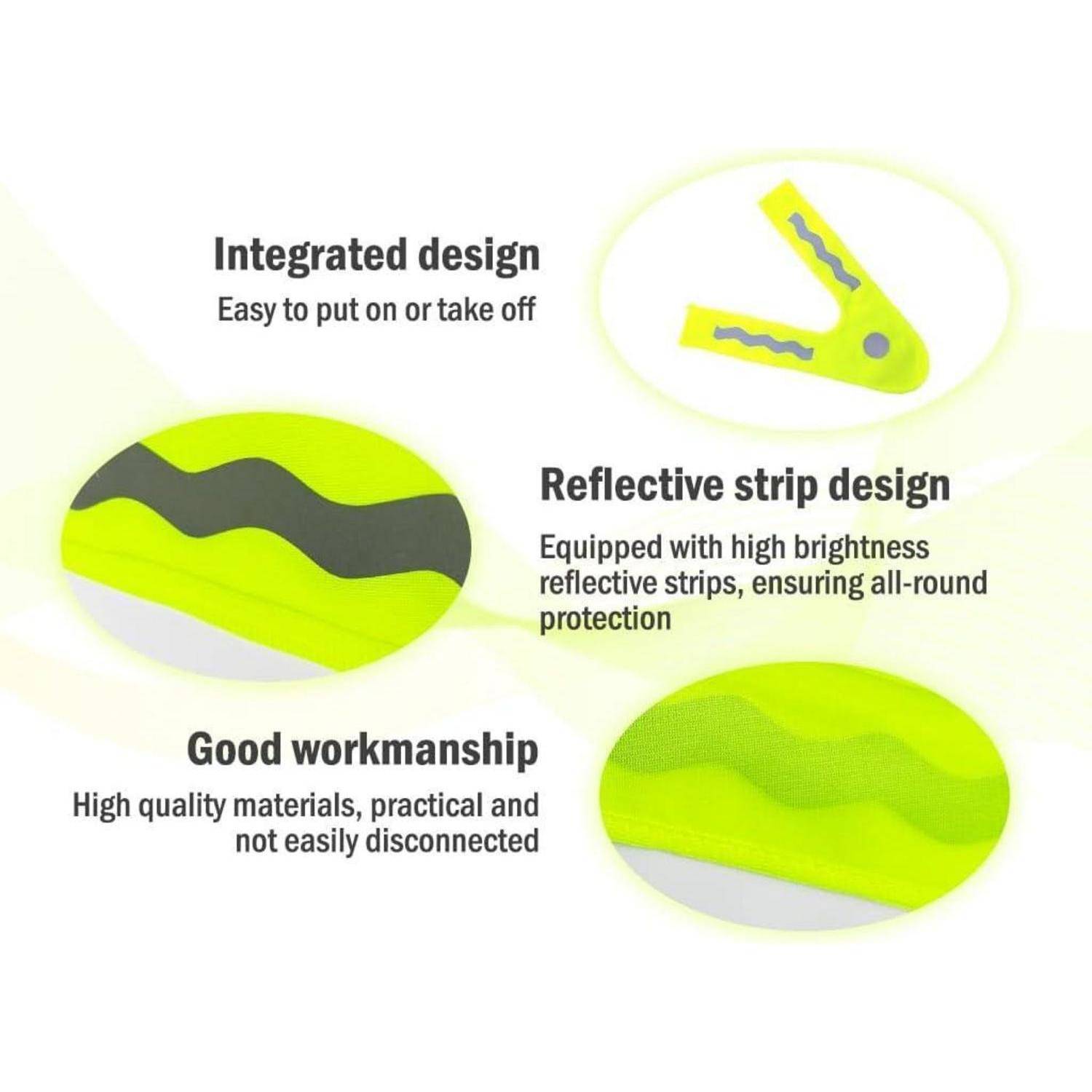 Infografik eines neongelben Sicherheitsgurts/Clips mit integriertem Design, reflektierendem Streifendesign und guter Verarbeitung für einfache Bedienung und Sichtbarkeit.
