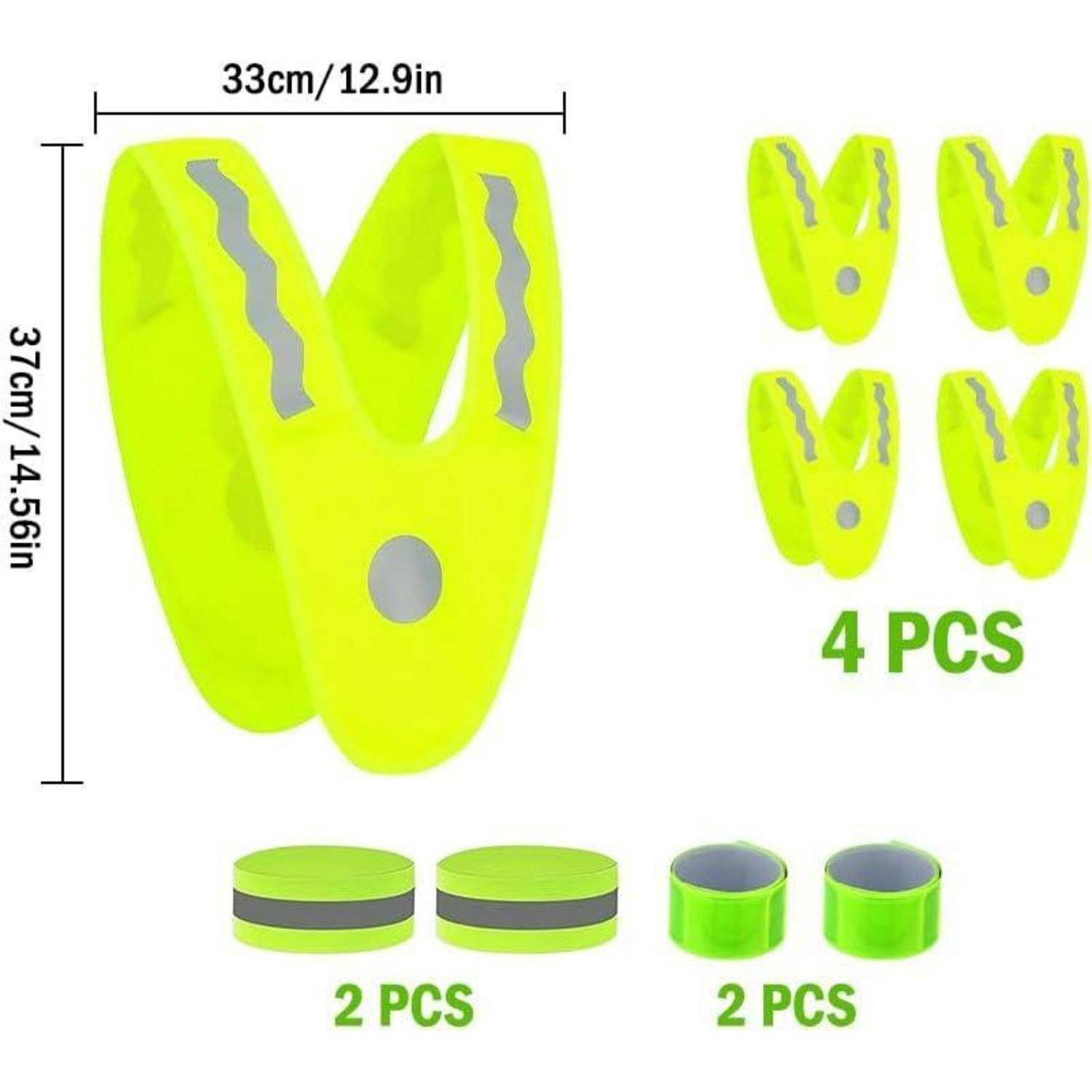 Diagramm von neongelben reflektierenden Schuhüberzügen, das die Größe 37cm/14,56 Zoll x 33cm/12,9 Zoll zeigt und die enthaltenen Mengen: 4 Überzüge, 2 Bänder und 2 Ringe.