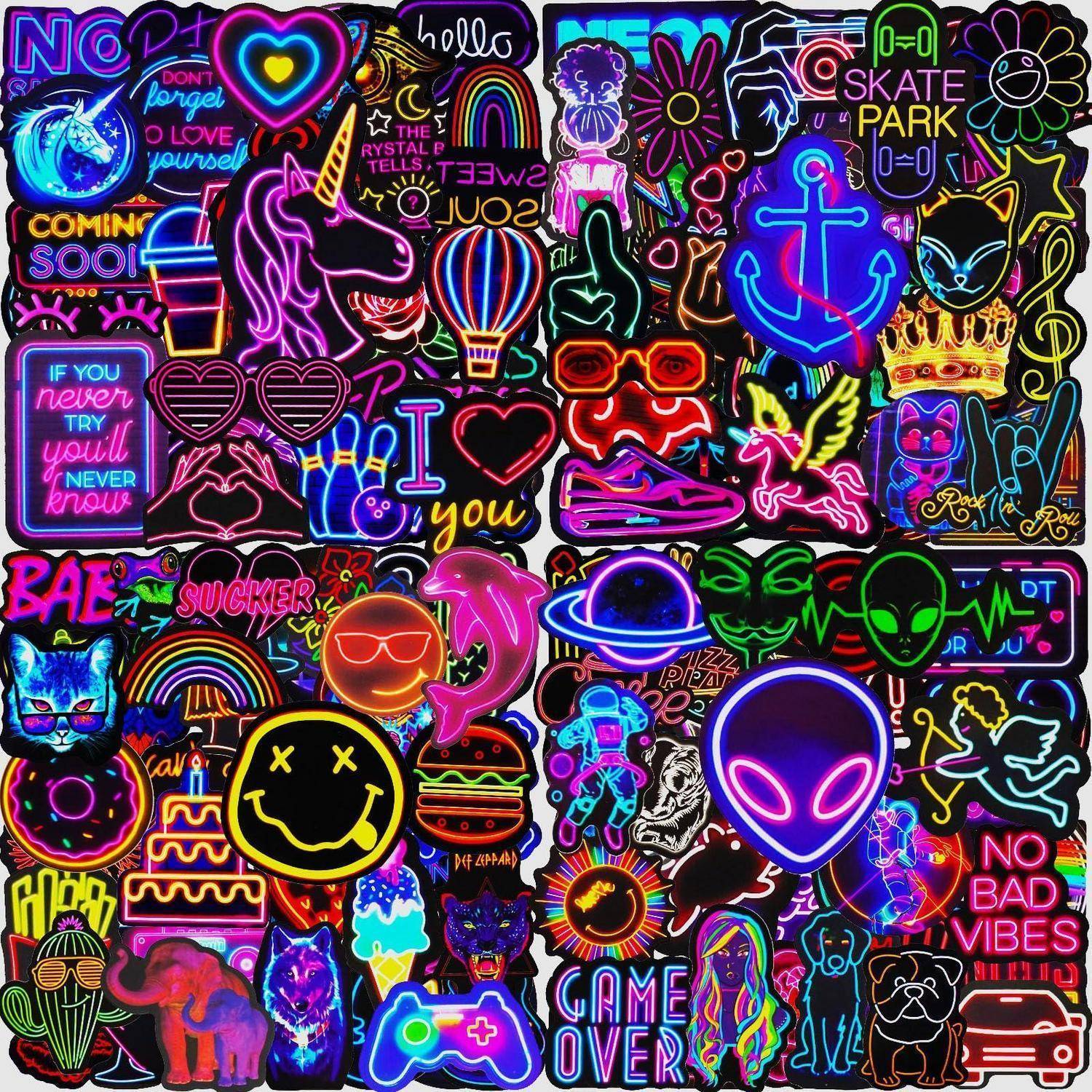 Eine dichte Neon-Collage aus Retro-Schildern und Symbolen, darunter Herzen, Außerirdische, Skatepark-Text, „GAME OVER
