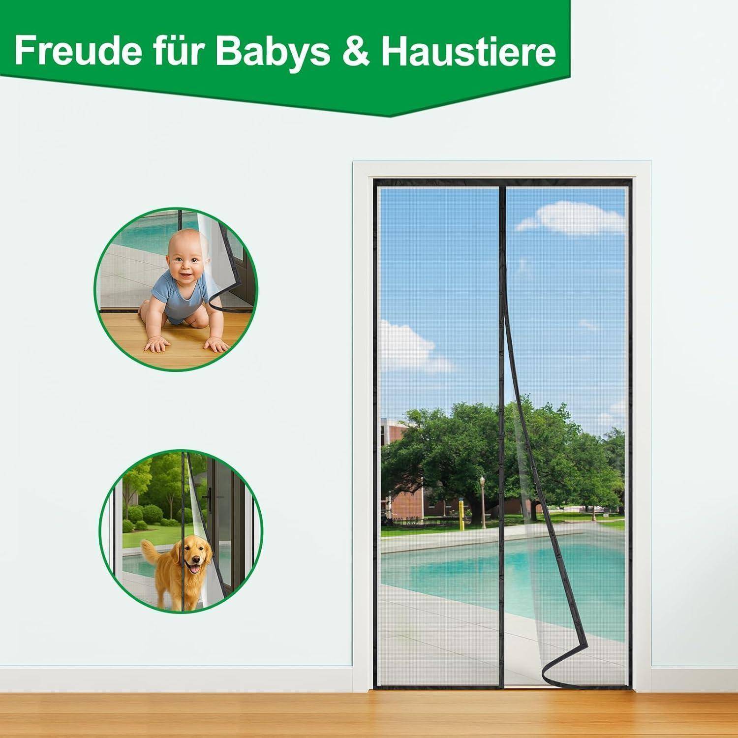 Deutsches Banner wirbt für eine Sicherheitsgittertür für Kinder und Haustiere und zeigt ein kriechendes Baby und einen Hund neben einer Gittertür mit Blick auf eine Veranda.