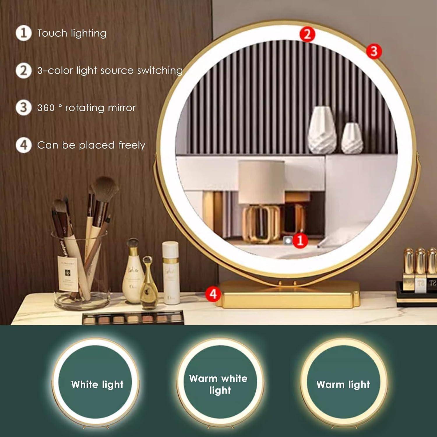 Runder LED-Kosmetikspiegel auf goldenem Ständer, gezeigt mit Touchsteuerung, 3-Farben-Beleuchtung, 360°-Rotation und freier Positionierung; Beleuchtungsmodi umfassen Weiß, Warmweiß und warmes Licht.