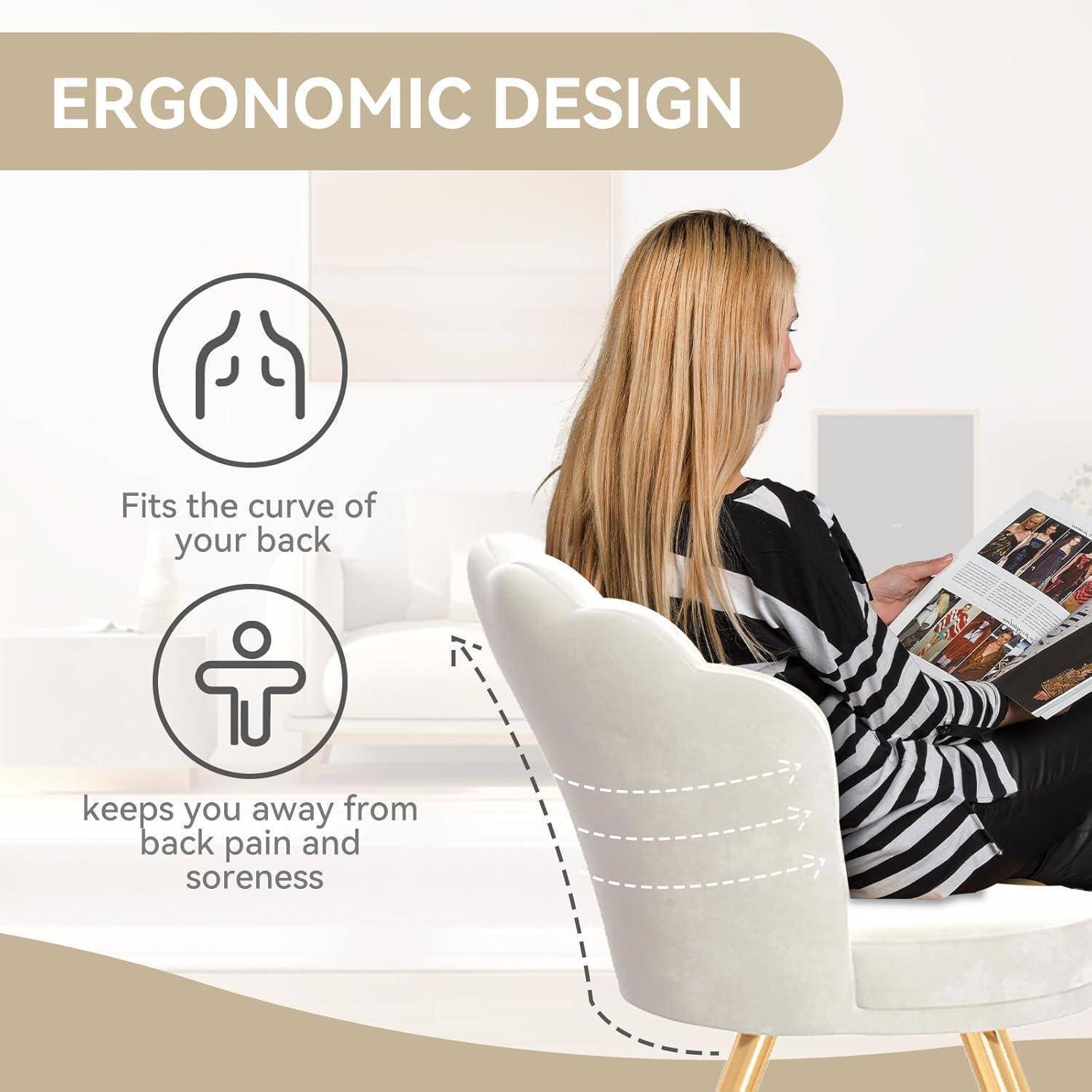 Infografik eines ergonomischen Stuhls, der sich der Krümmung des Rückens anpasst und hilft, Rückenschmerzen und Wundheit zu verhindern; eine Frau sitzt lesend.