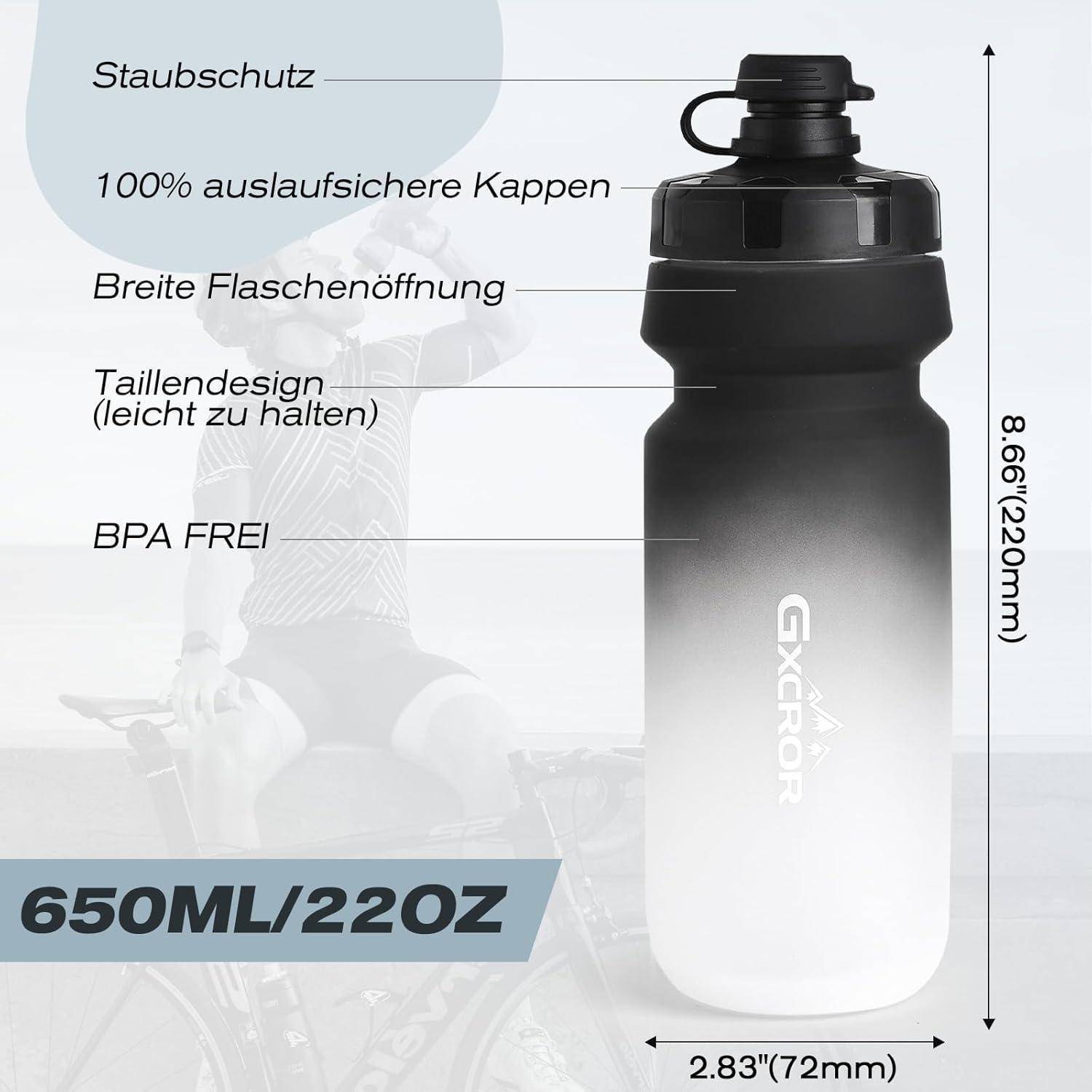 Schwarze bis weiße 650-ml-Wasserflasche mit Schraubdeckel, beschriftet auf Deutsch mit Funktionen wie Staubschutz, auslaufsicherer Deckel, breite Öffnung, ergonomischer Griff, BPA-frei und 8,66 Zoll Höhe.