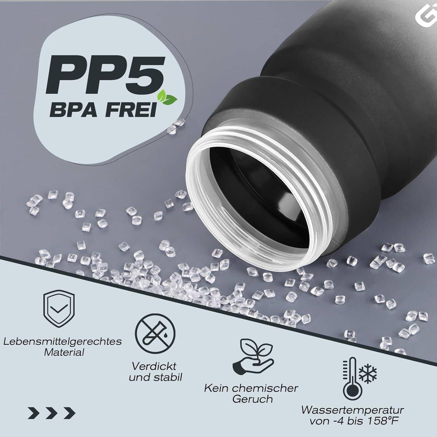 Produktbild einer schwarzen PP5 BPA-freien Flaschenöffnung mit deutschen Etiketten: „Lebensmittelgerechtes Material