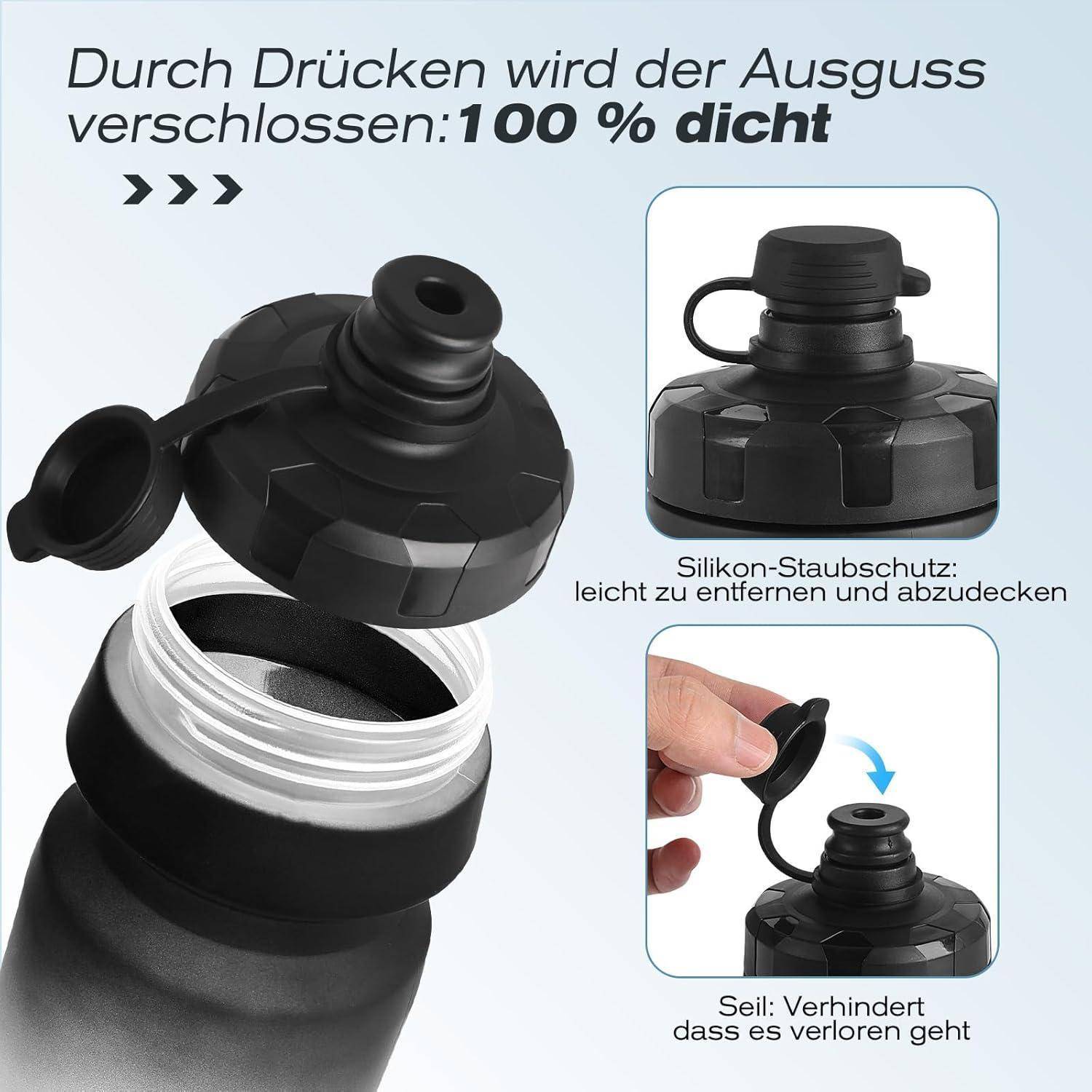 Werbebild einer schwarzen Trinkflaschenverschlusskappe mit einer Dichtung, die die Tülle luftdicht verschließt, wenn sie gedrückt wird; der Text sagt „100% dicht
