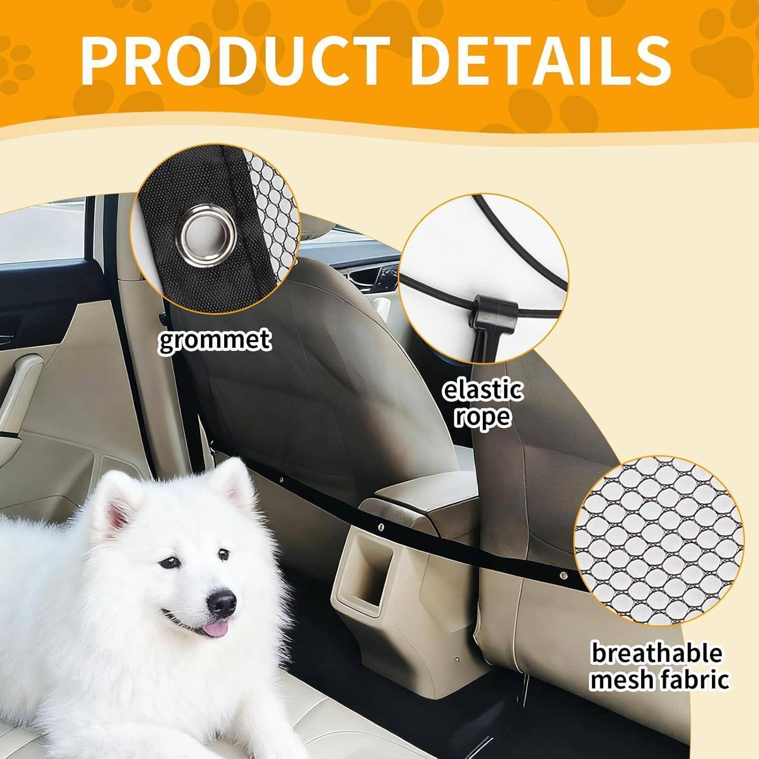 Produktdetails einer Autositzbezug: Öse, Gummiband und atmungsaktiver Meshstoff, montiert in einem Fahrzeug mit einem Hund auf der Rückbank.