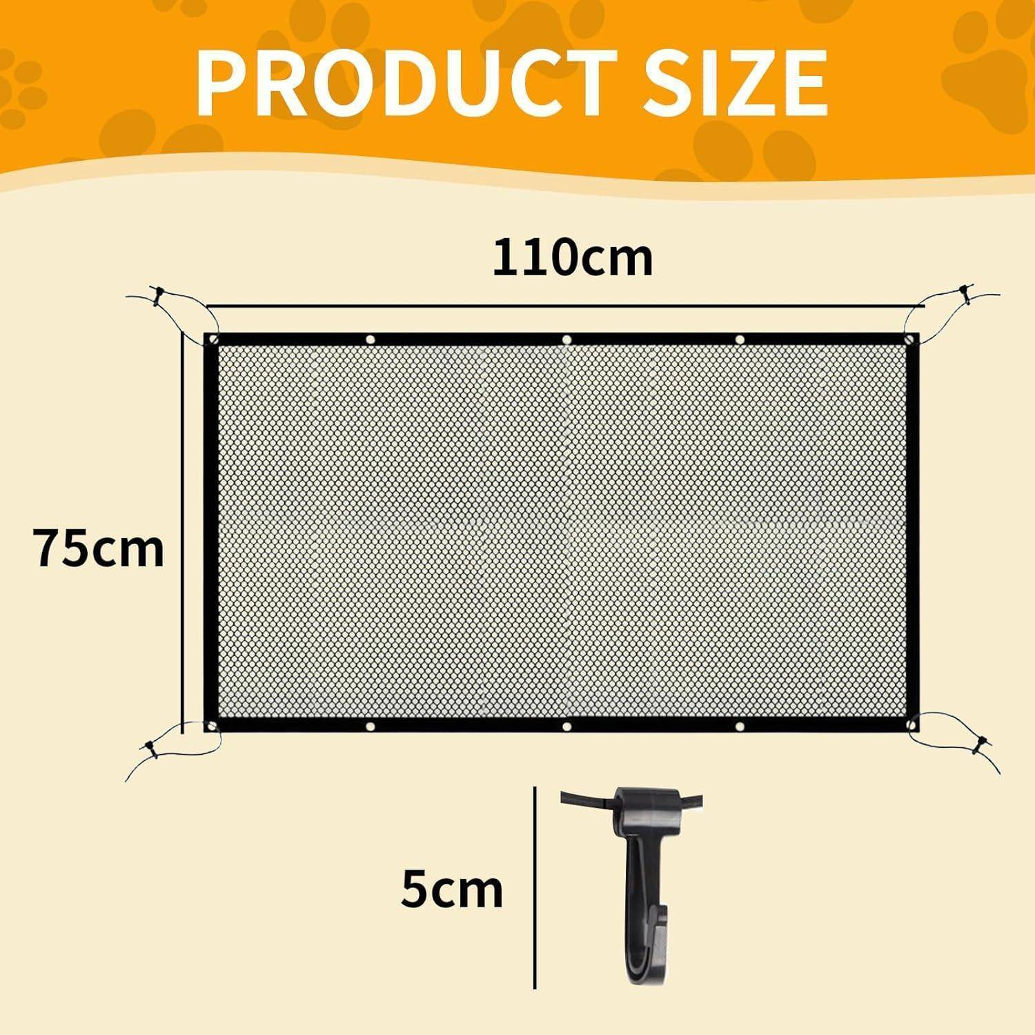 Produktgrößendiagramm zeigt einen rechteckigen Maschenbildschirm mit einer Breite von 110 cm und einer Höhe von 75 cm, mit einer 5 cm Montageklammer darunter dargestellt.