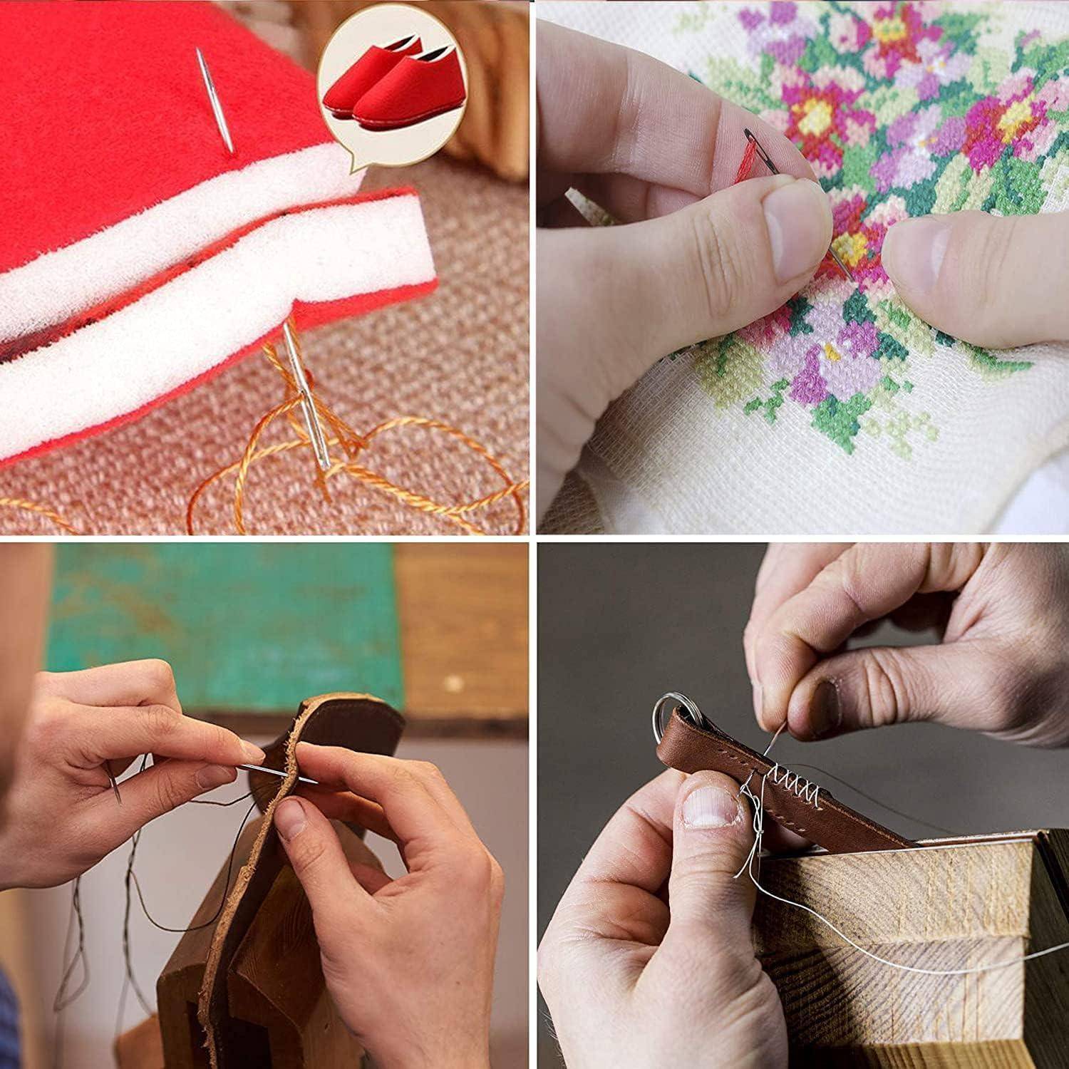 Vier-teilige Collage von Handnähen: ein rot-weißes Kleidungsstück, Blumenstickerei, Ledernähte und Buchbinderei oder Kantennaht in Arbeit.