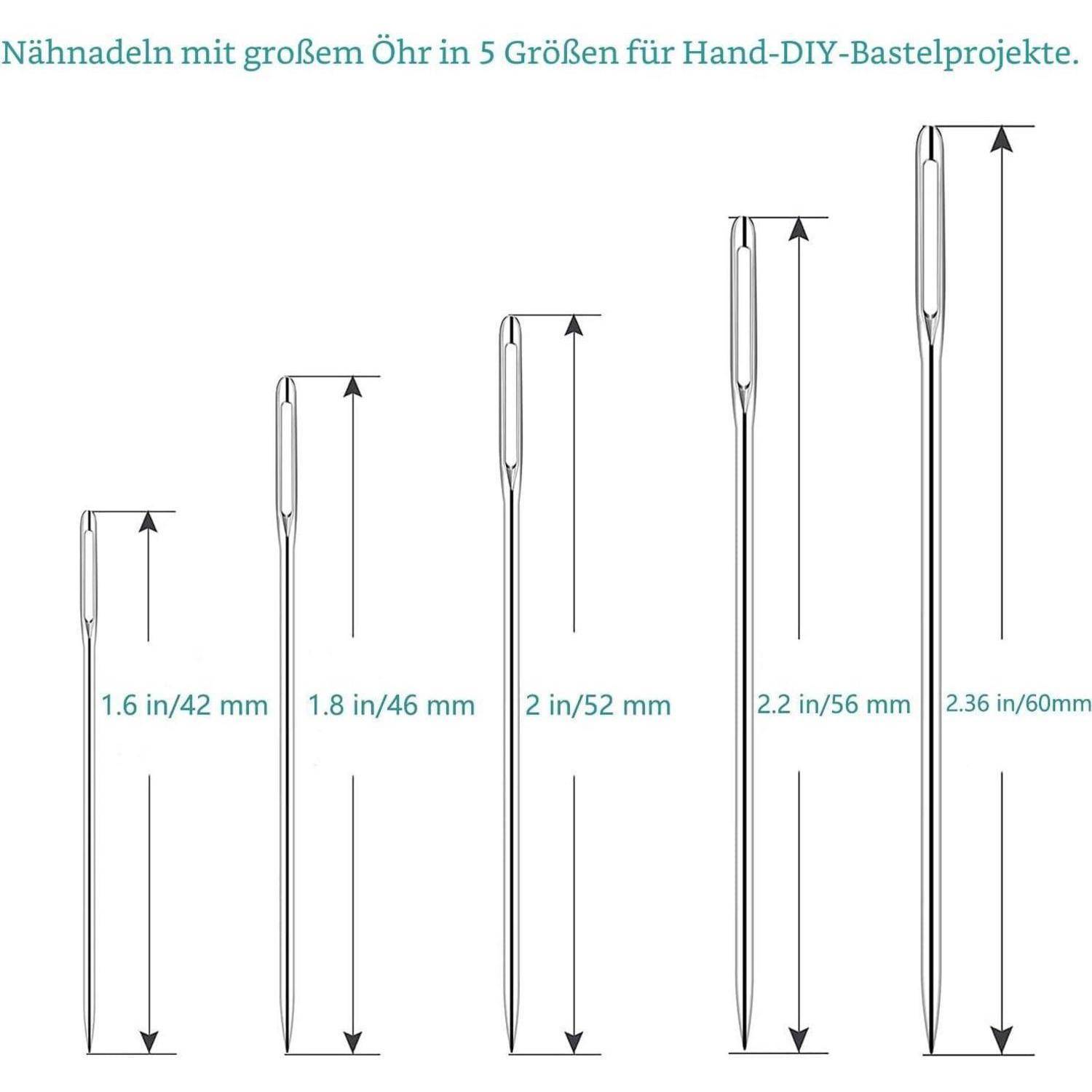 Diagramm mit fünf großöhrigen Nähnadeln für DIY-Projekte, beschriftet nach Größe: 1,6 Zoll/42 mm, 1,8 Zoll/46 mm, 2 Zoll/52 mm, 2,2 Zoll/56 mm und 2,36 Zoll/60 mm.
