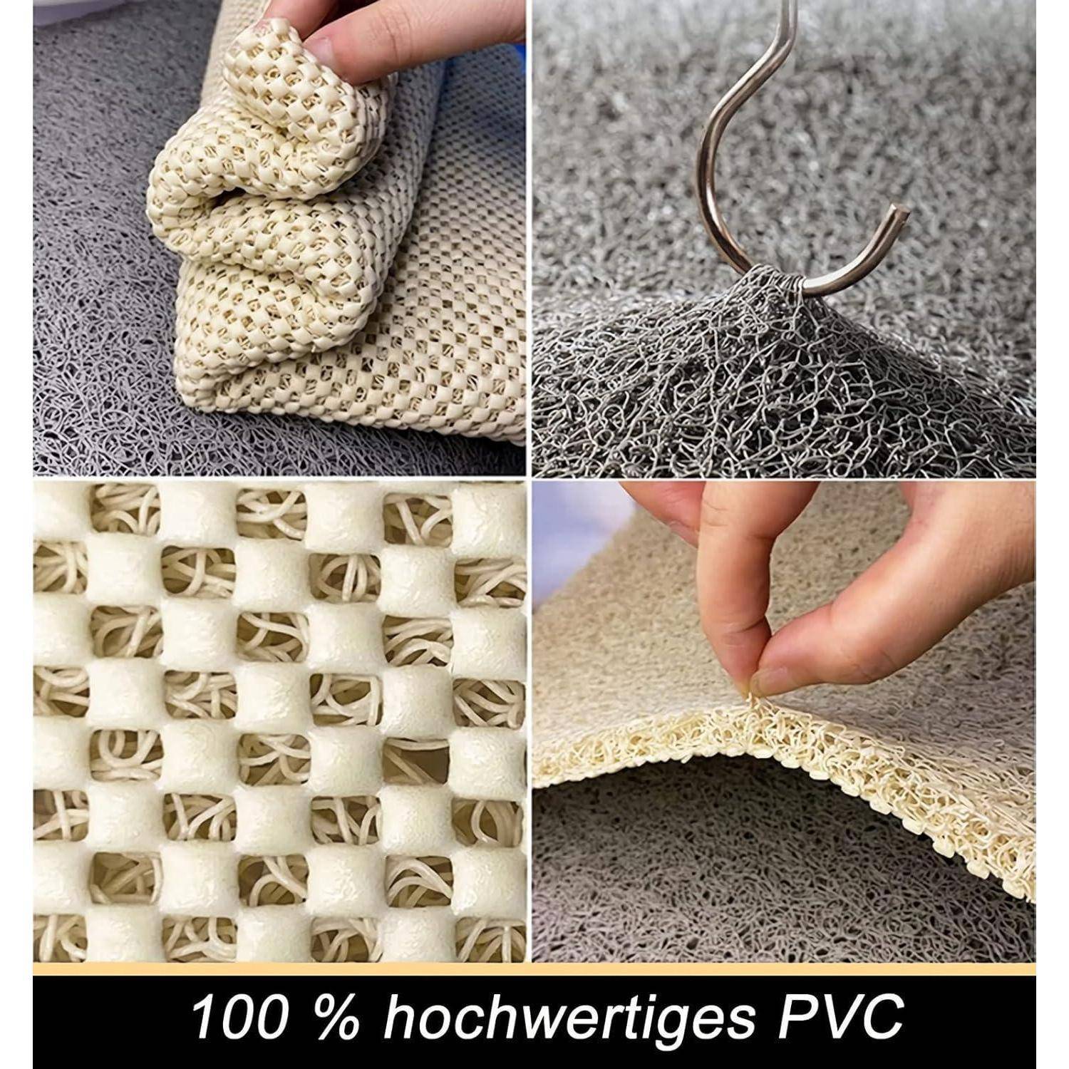 Collage aus texturiertem PVC-Mattenmaterial, das gefaltet, mit einem Haken hochgehoben und gezwickt wird, mit dem Text „100 % hochwertiges PVC