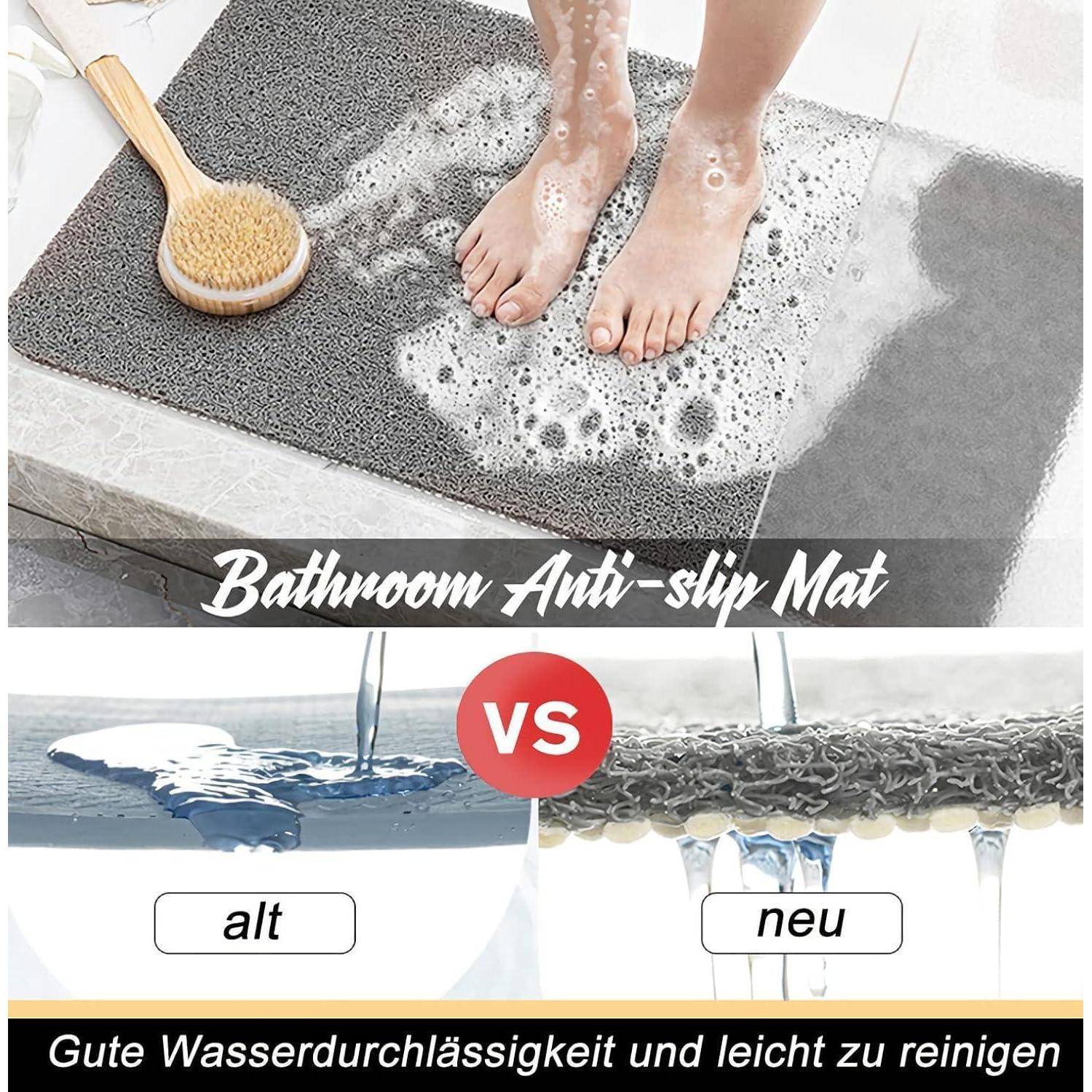 Badezimmer-Antirutschmatte wird mit Seife und Wassertest gezeigt; Vergleichsgrafik zeigt „alt
