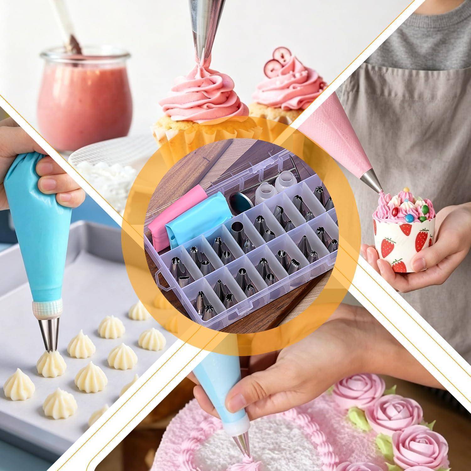 Collage von Spritzbeuteln, die Cupcakes und Kekse verzieren, mit einer zentralen Organizer-Box mit Gebäckdüsen und Glasur-Werkzeugen.