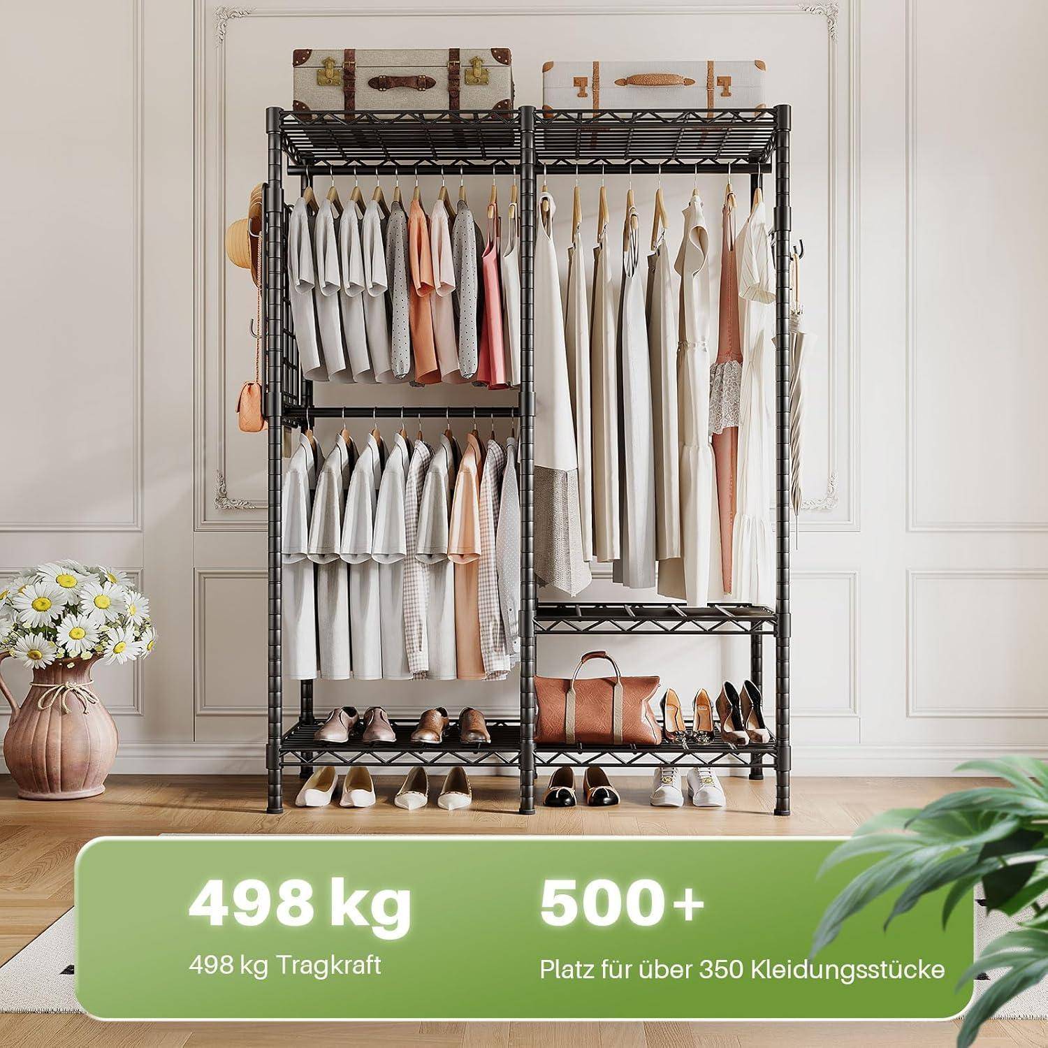 Drahtkleidungsständer mit zwei Aufhängungsbereichen, Schuhe unten, und ein grünes Banner mit der Aufschrift „498 kg Tragkraft
