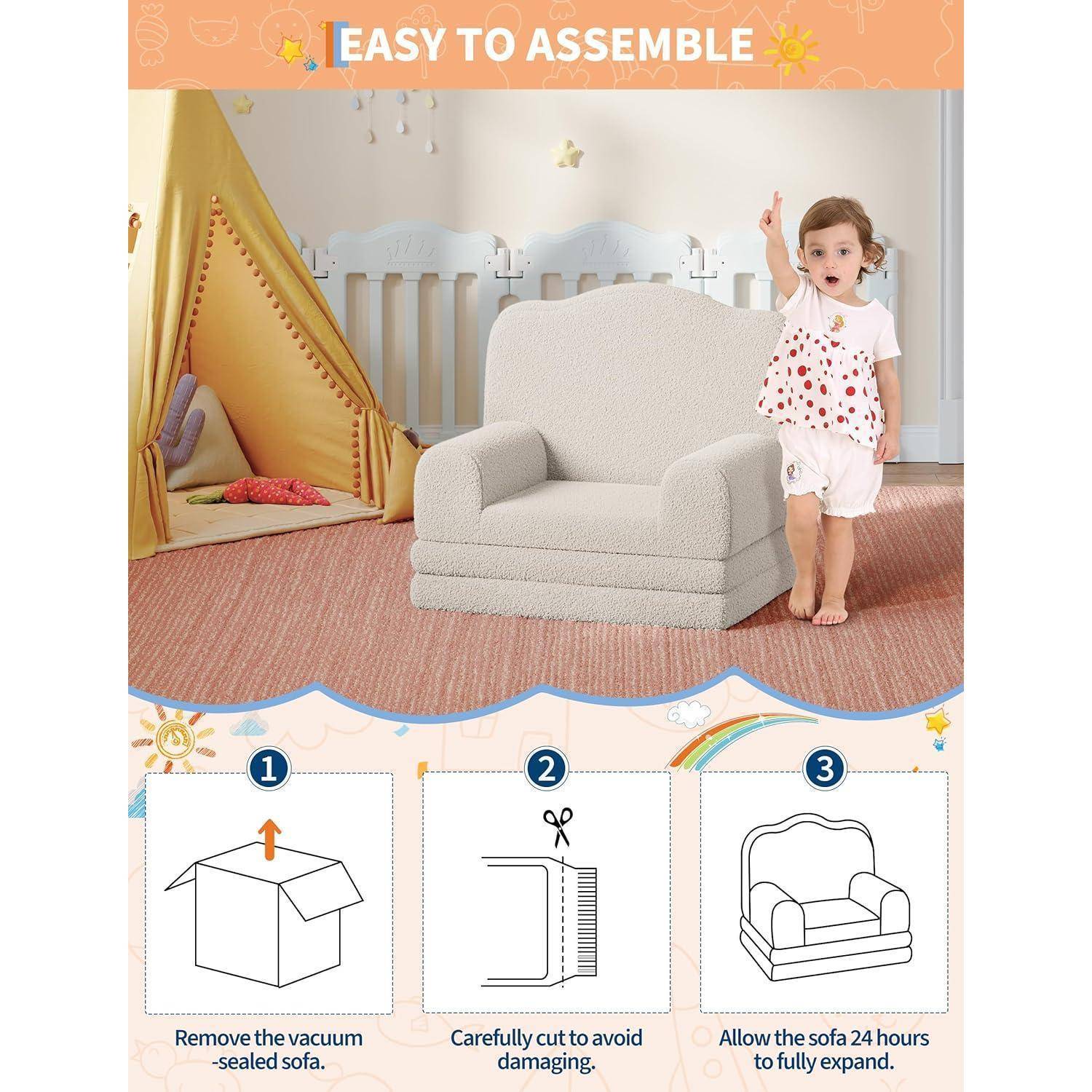 Werbebild eines kleinen Kindersofa mit der Überschrift „EINFACH ZU MONTIEREN