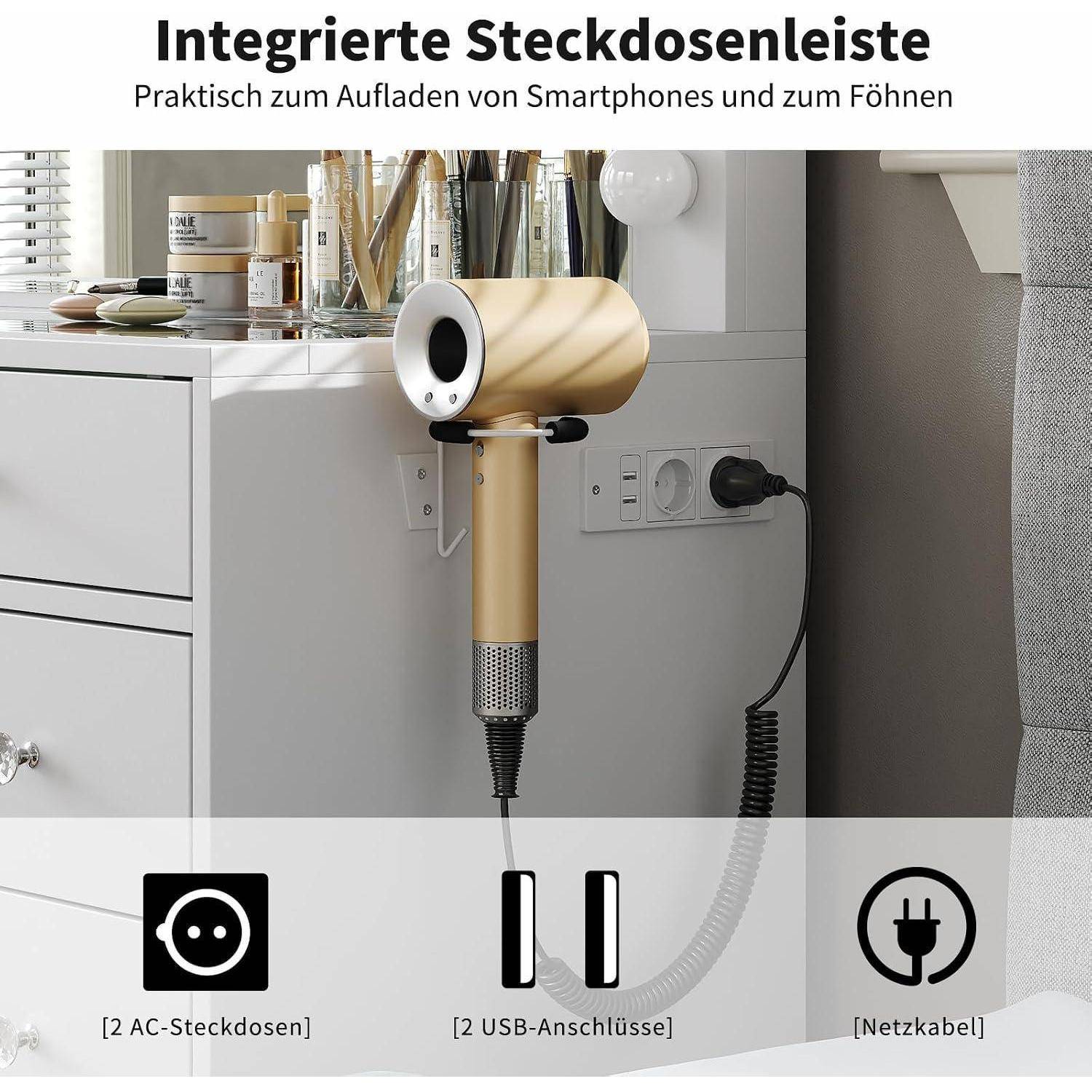 Haartrockner, der an einem Waschtisch montiert ist und mit integrierter Steckdosenleiste zum Aufladen von Smartphones und zum Trocknen von Haaren ausgestattet ist; Etiketten zeigen 2 Wechselstromsteckdosen, 2 USB-Anschlüsse und ein Stromkabel.