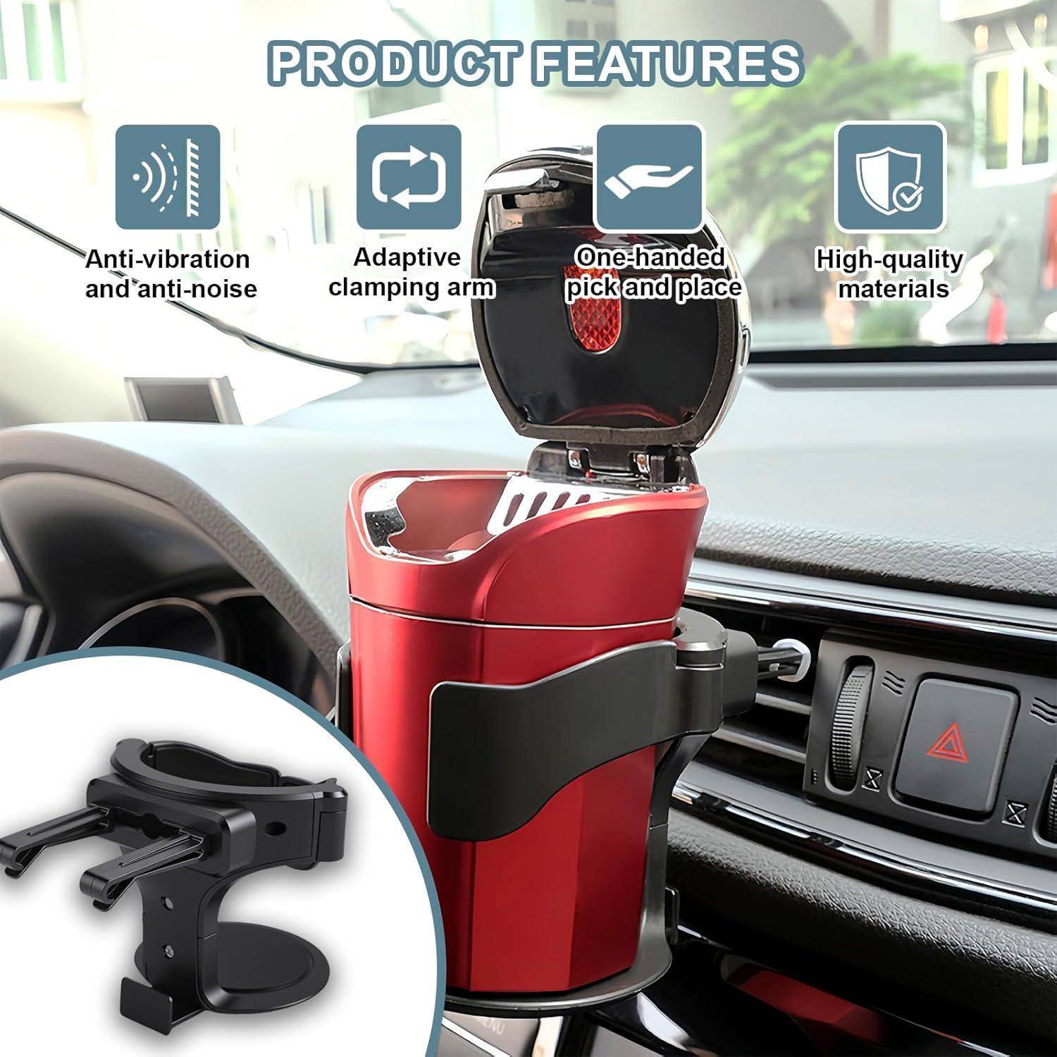 Auto-Getränkehalter mit verstellbarem Klemmarm und einhändig zu bedienender Pick-and-Place-Kappe, dargestellt als rotes Produkt in einem Fahrzeug. Hervorgehobene Produktmerkmale: Vibrationsdämpfung, adaptive Spannmechanik und hochwertige Materialien.