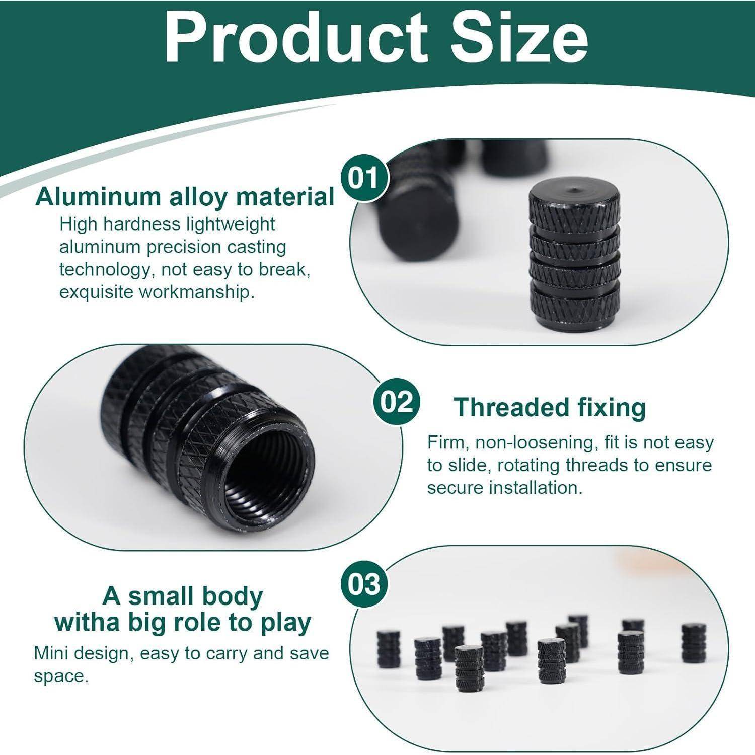 Produktgröße-Infografik für ein Aluminium-Legierungen-Gewindeteil, das langlebiges leichtes Material, sichere Gewindefestigung und kompaktes Mini-Design hervorhebt.