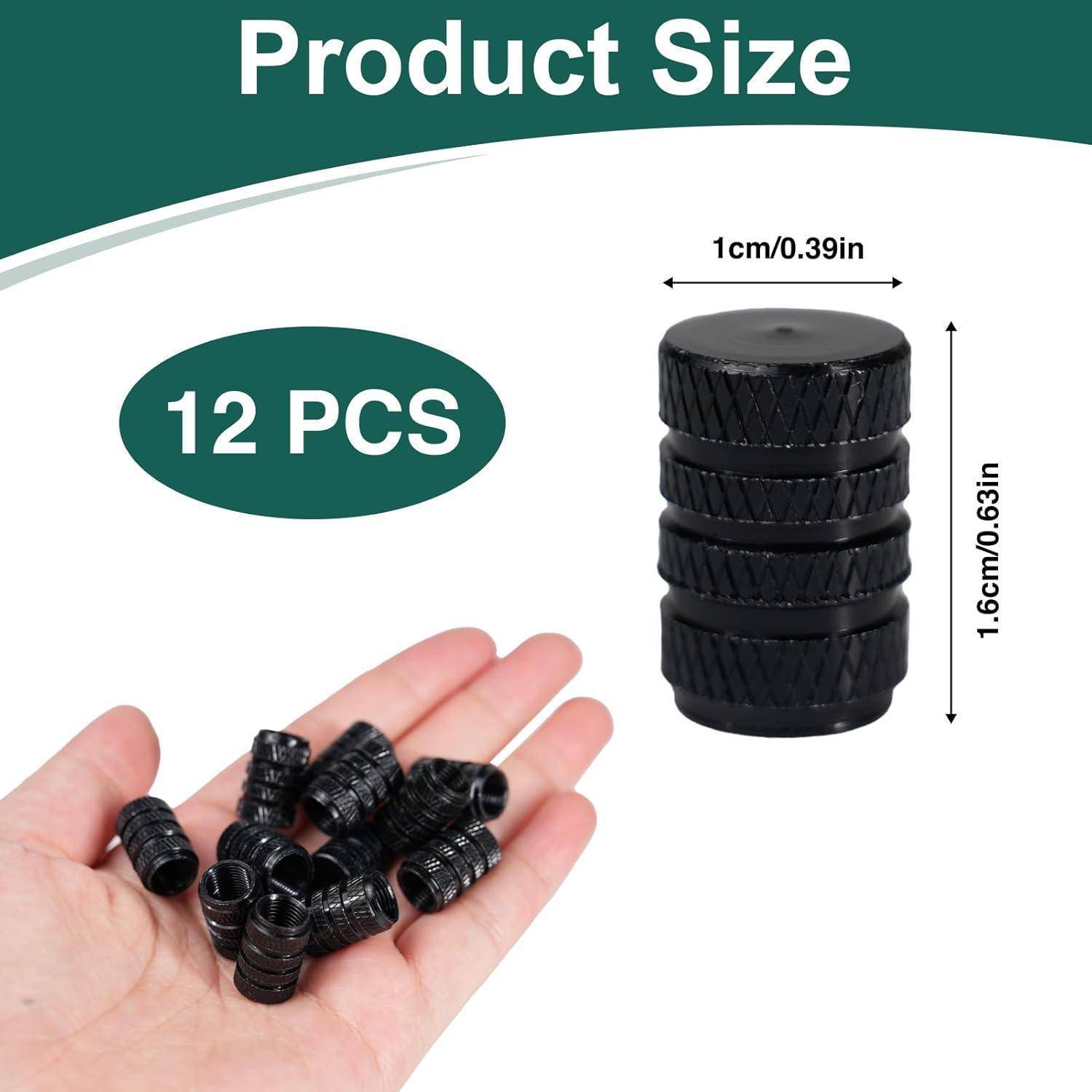Produktgrößengrafik zeigt 12 schwarze geriffelte Kappen; jede ist 1 cm breit und 1,6 cm hoch, mit einer Hand, die mehrere Teile zur Größenangabe hält.