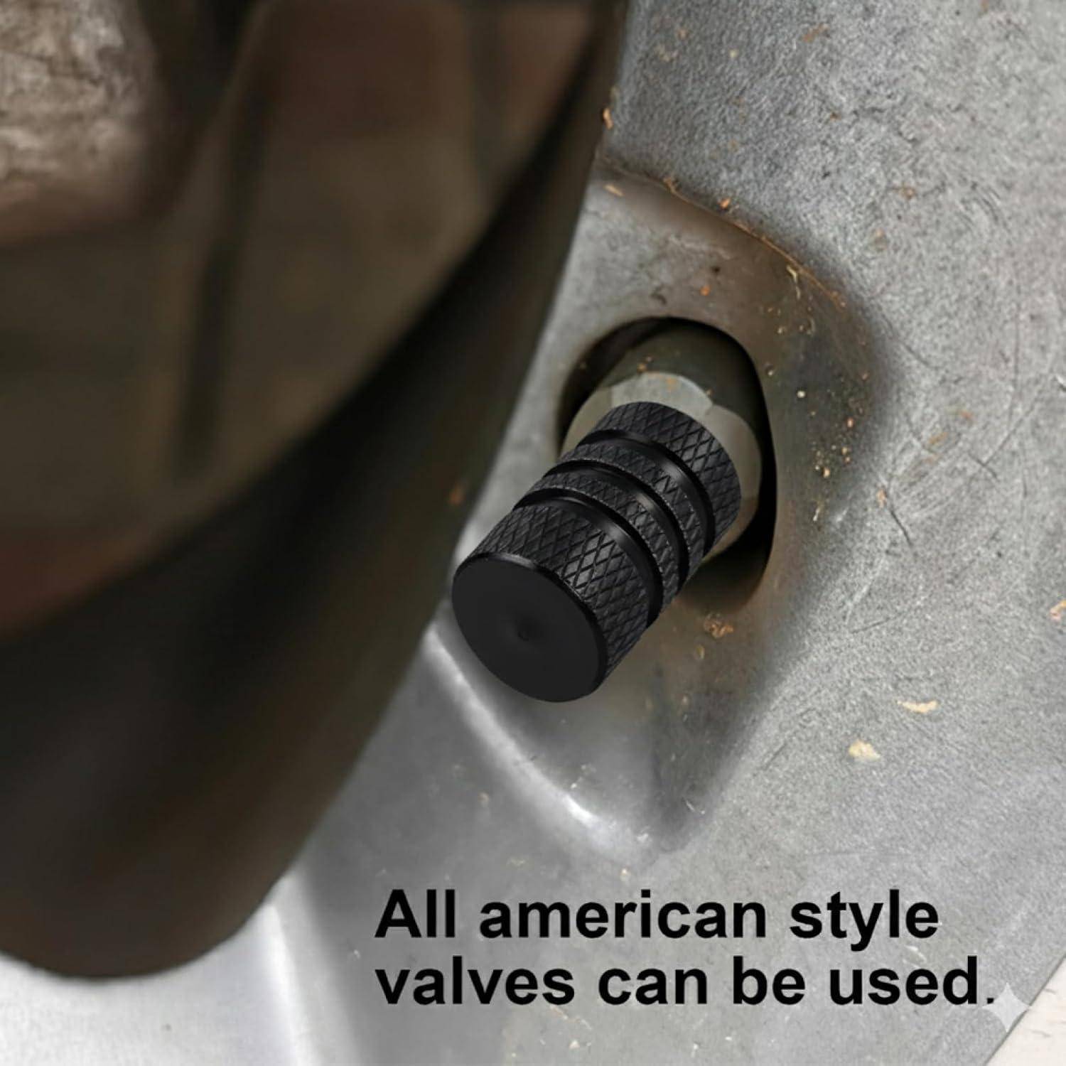 Nahaufnahme eines Reifenventils mit dem Text „Alle American-Style-Ventile können verwendet werden.