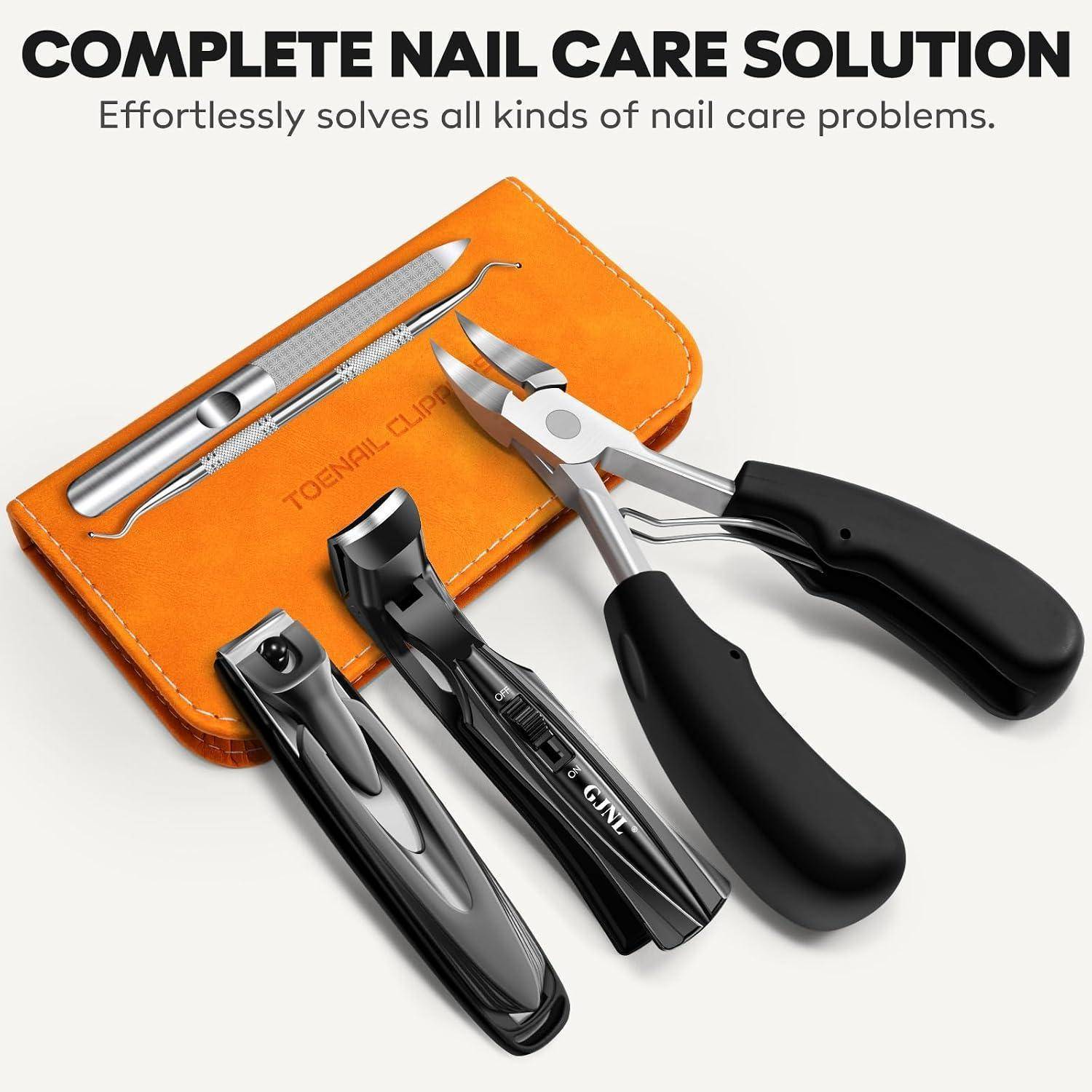 Nagelpflege-Set mit Nagelzangen, Nagelhaut-Werkzeugen und Zangen in einem orangefarbenen Koffer, beschriftet mit „KOMPLETTE NAGELPFLEGELÖSUNG