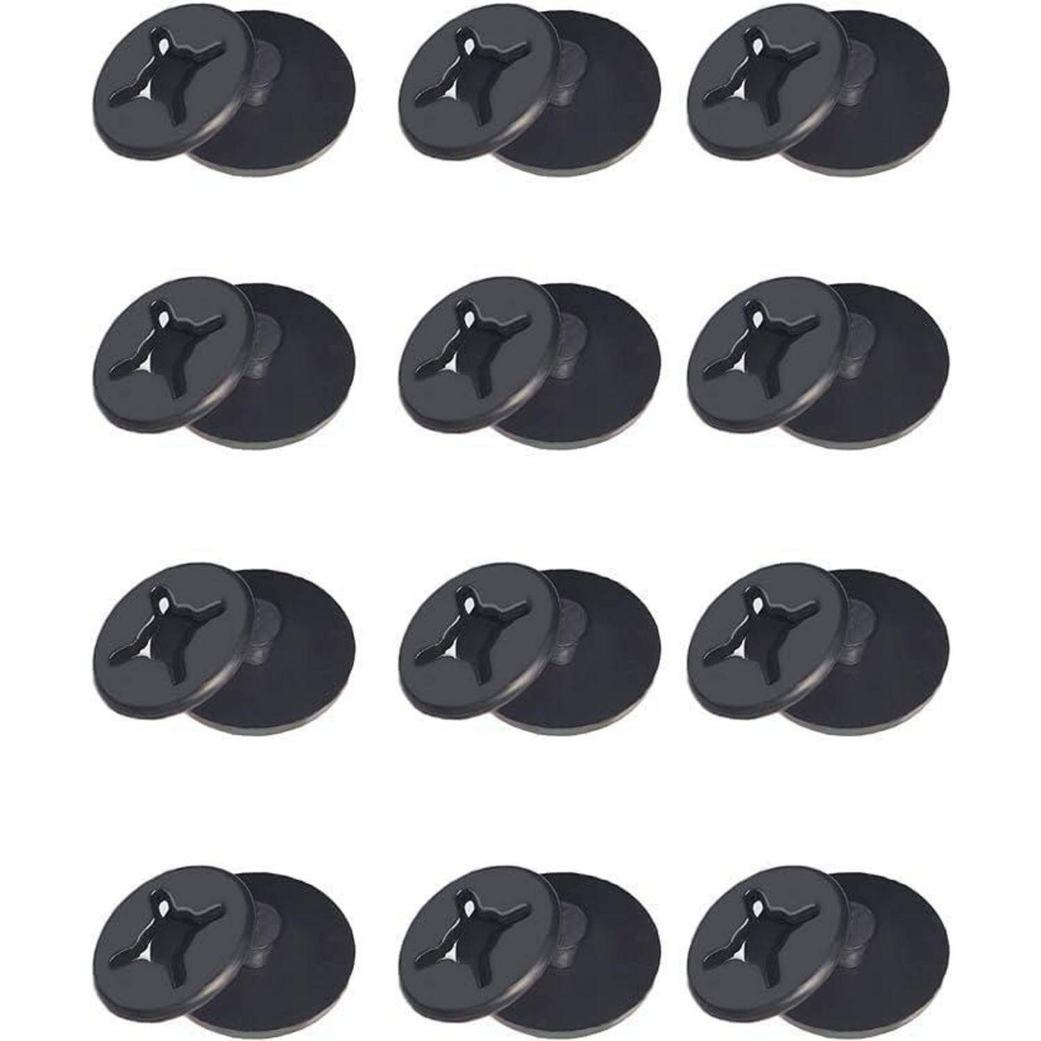 Zwölf schwarze Kunststoff-Drehverschlüsse in einem 3-mal-4-Raster auf weißem Hintergrund angeordnet.