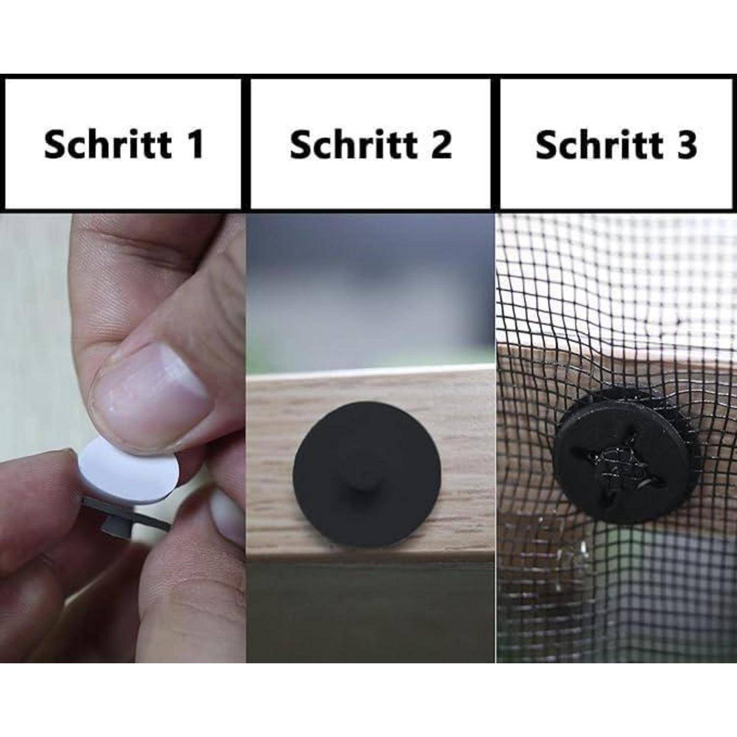 Dreiteilige Anleitung mit Bildern für einen knopfartigen Verschluss: Schritt 1 das Befestigen eines weißen Teils, Schritt 2 eine schwarze Scheibe auf Holz, Schritt 3 das Sichern von Maschengewebe mit dem Verschluss.