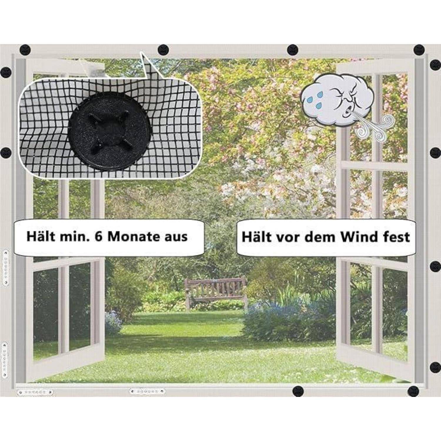 Bild eines Insektenschutz-Fenstereinschlags mit Saugnäpfen oder Befestigungen, beschriftet auf Deutsch „Hält min. 6 Monate aus
