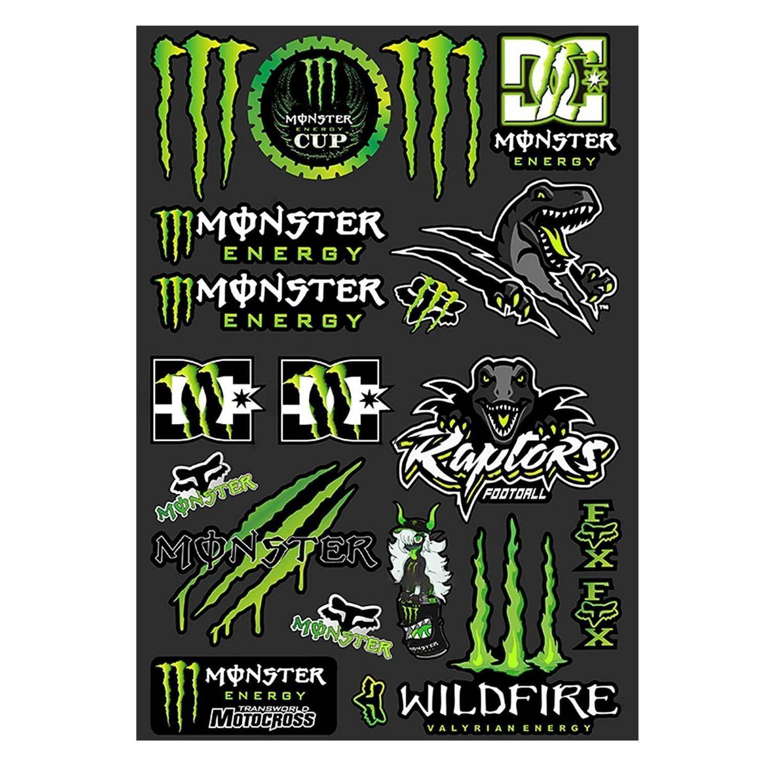 Aufkleberbogen mit Monster Energy Logos und Grafiken auf Schwarz, einschließlich Monster Cup, DC Monster Energy, Raptors Football, Wildfire, Motocross, Krallen und grünen Krallenkratzer-Symbolen.