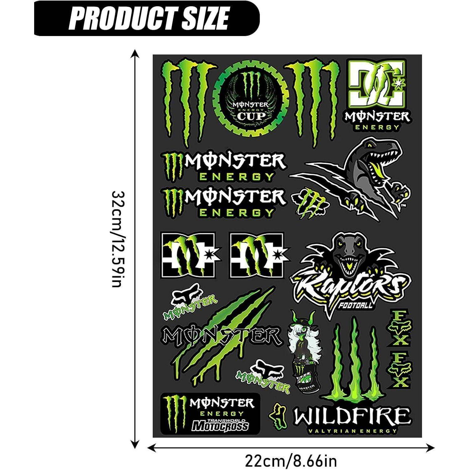 Aufkleberbogen mit Monster Energy Motiv mit mehreren grün-schwarzen Logos und Aufklebern auf einem 22 cm x 32 cm großen Bogen.