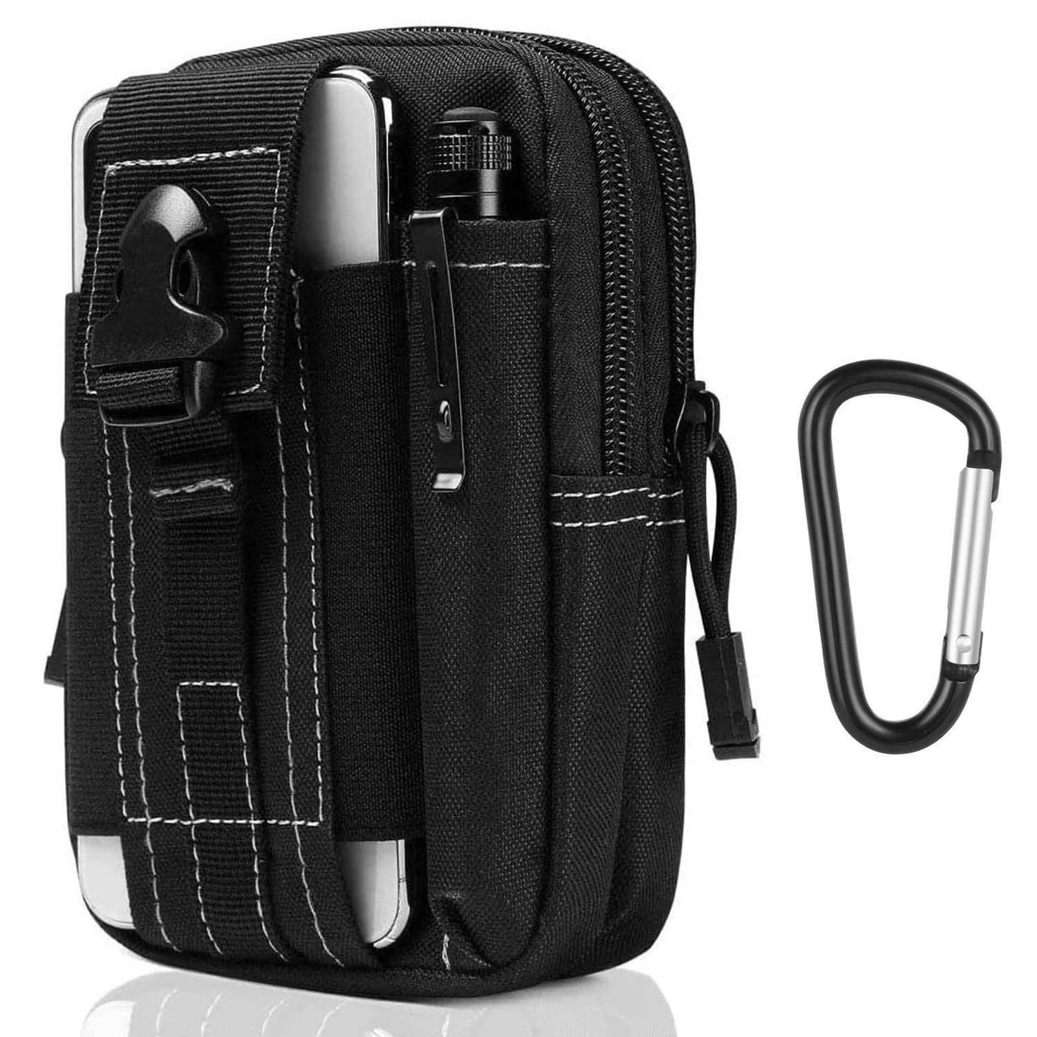 Schwarze Tragetasche mit Reißverschluss und Gürtelclip, die ein handygroßes Gerät und einen Stift hält, mit separat gezeigtem Karabinerhaken.