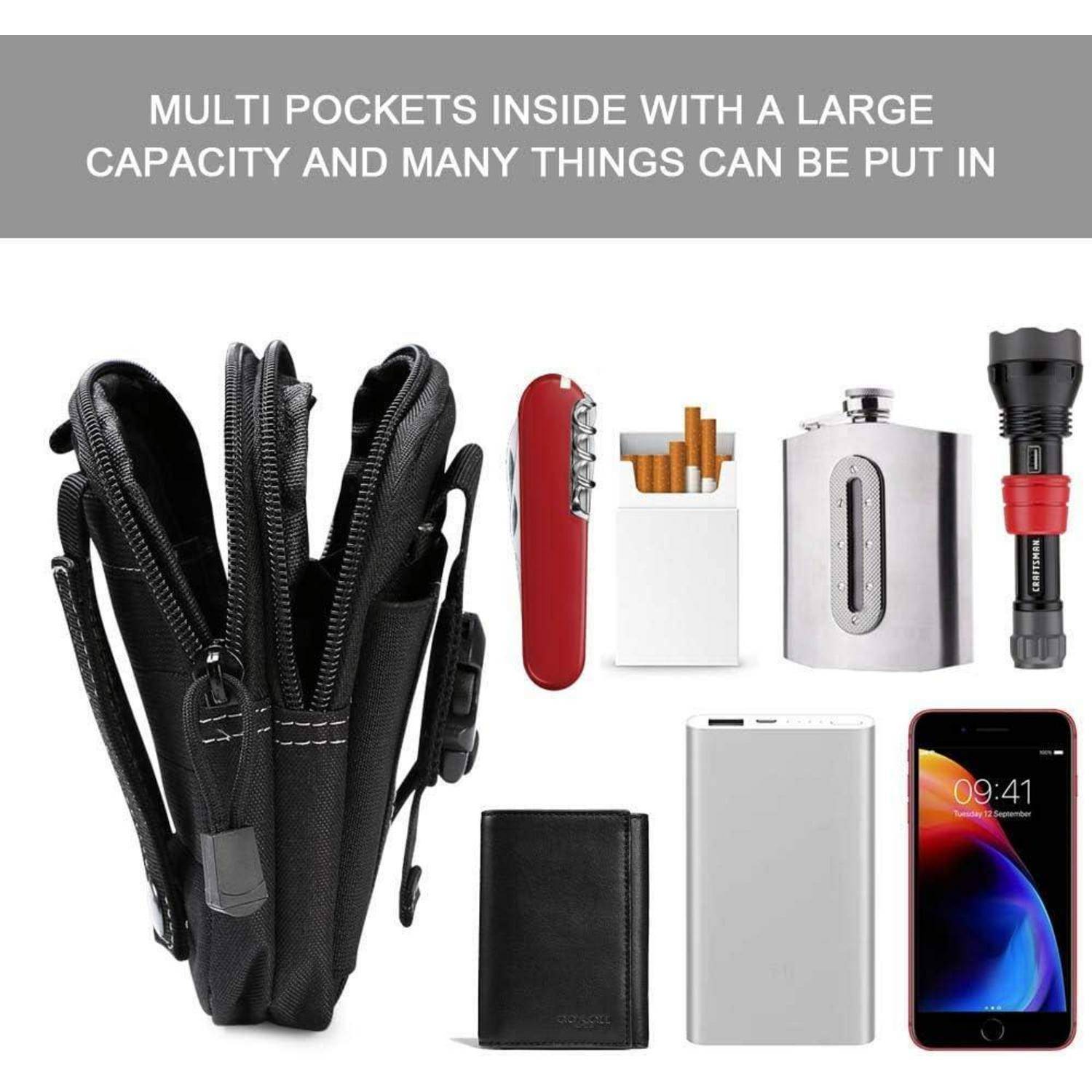 Illustration einer Multifunktions-Gürteltasche mit mehreren Taschen, die ein Schweizer Messer, Zigaretten, eine Feldflasche, eine Taschenlampe, ein Portemonnaie, eine Powerbank und ein Smartphone enthält; der Text lautet „MEHRERE TASCHEN INNEN MIT GROSSEM FASSUNGSVERMÖGEN UND VIELE DINGE KÖNNEN HINEINGEPACKT WERDEN".