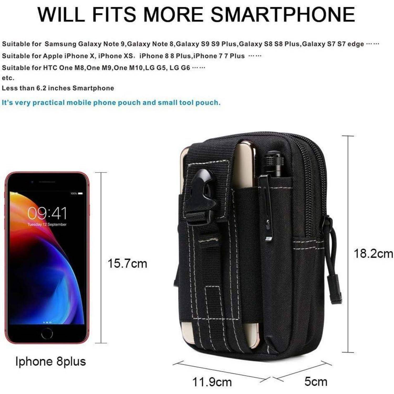 Produktbild eines schwarzen Smartphone-Etuis in Größe für Telefone unter 6,2 Zoll, mit den Abmessungen 18,2 cm x 11,9 cm x 5 cm und Beispielpassform für iPhone 8 Plus.