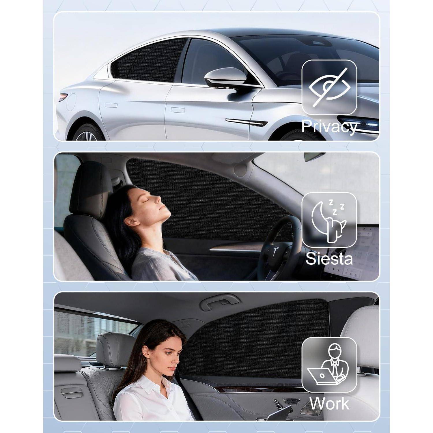Rückseitenfenster-Verdunkelungsrollos für das Auto mit drei Verwendungszwecken: Privatsphäre, ein Fahrgast, der während der Mittagspause schläft, und ein Fahrgast, der am Laptop arbeitet.