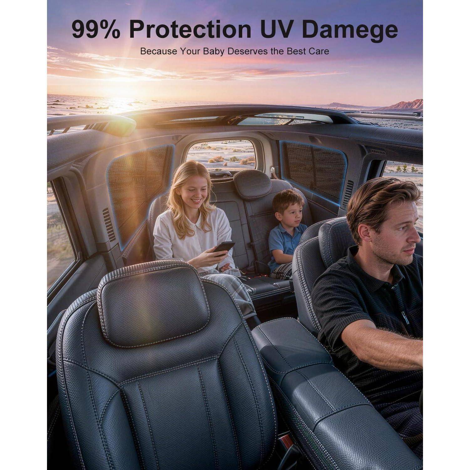 Familie sitzt in einem Auto mit UV-Schutzfenstern an den Seiten; Text lautet „99% Schutz vor UV-Schäden