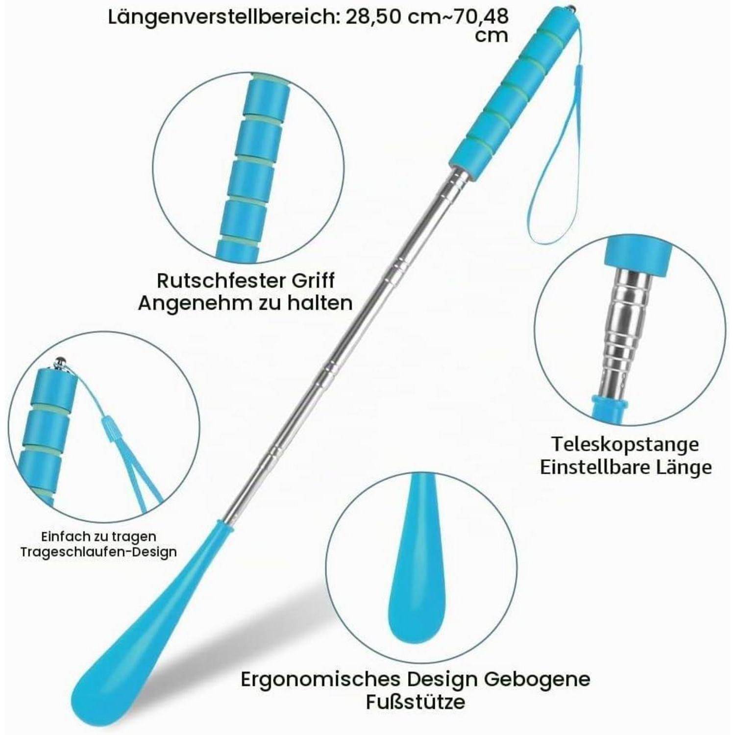 Abbildung eines blauen Teleskopstabs mit Riemen und ergonomischem Griff, beschriftet auf Deutsch; verstellbare Länge 28,5–70,48 cm und gekrümmte Fußstütze.
