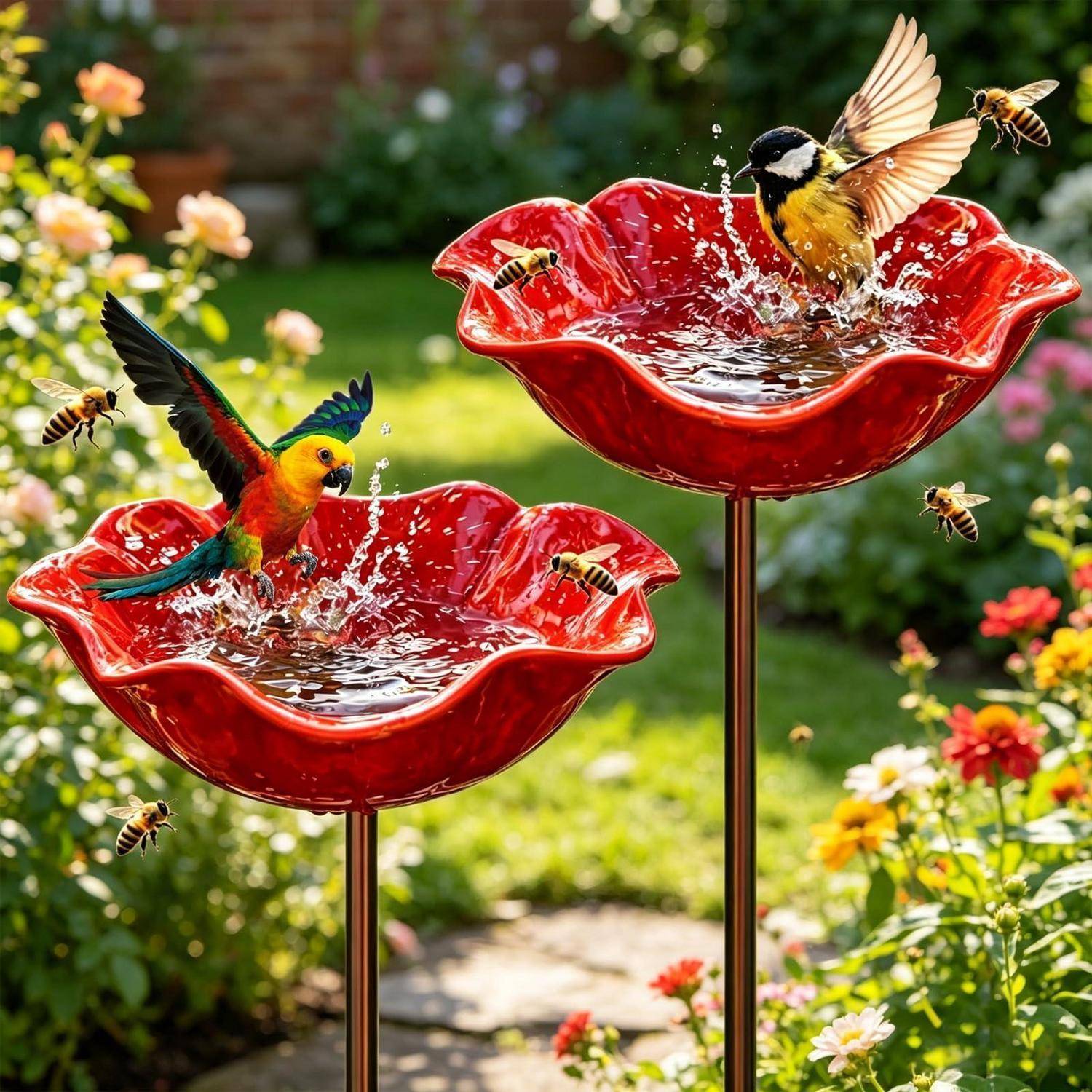 Zwei rote Vogelbad-Futterautomaten in einem Garten, mit bunten Kolibris und Bienen, die im Wasser planschen und fressen.