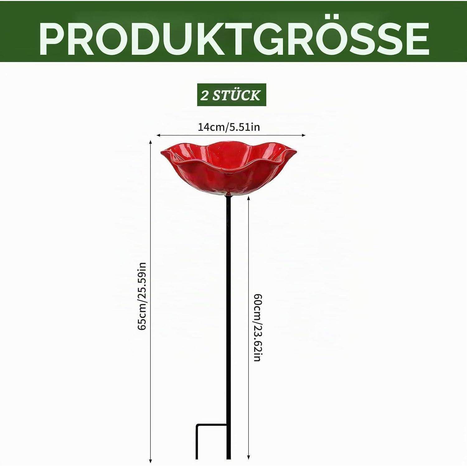 Produktgrößendiagramm für einen roten blütenförmigen Vogelfütterer mit 2 Teilen; Schüsselbreite 14 cm, Gesamthöhe 65 cm, Pfählehöhe 60 cm.
