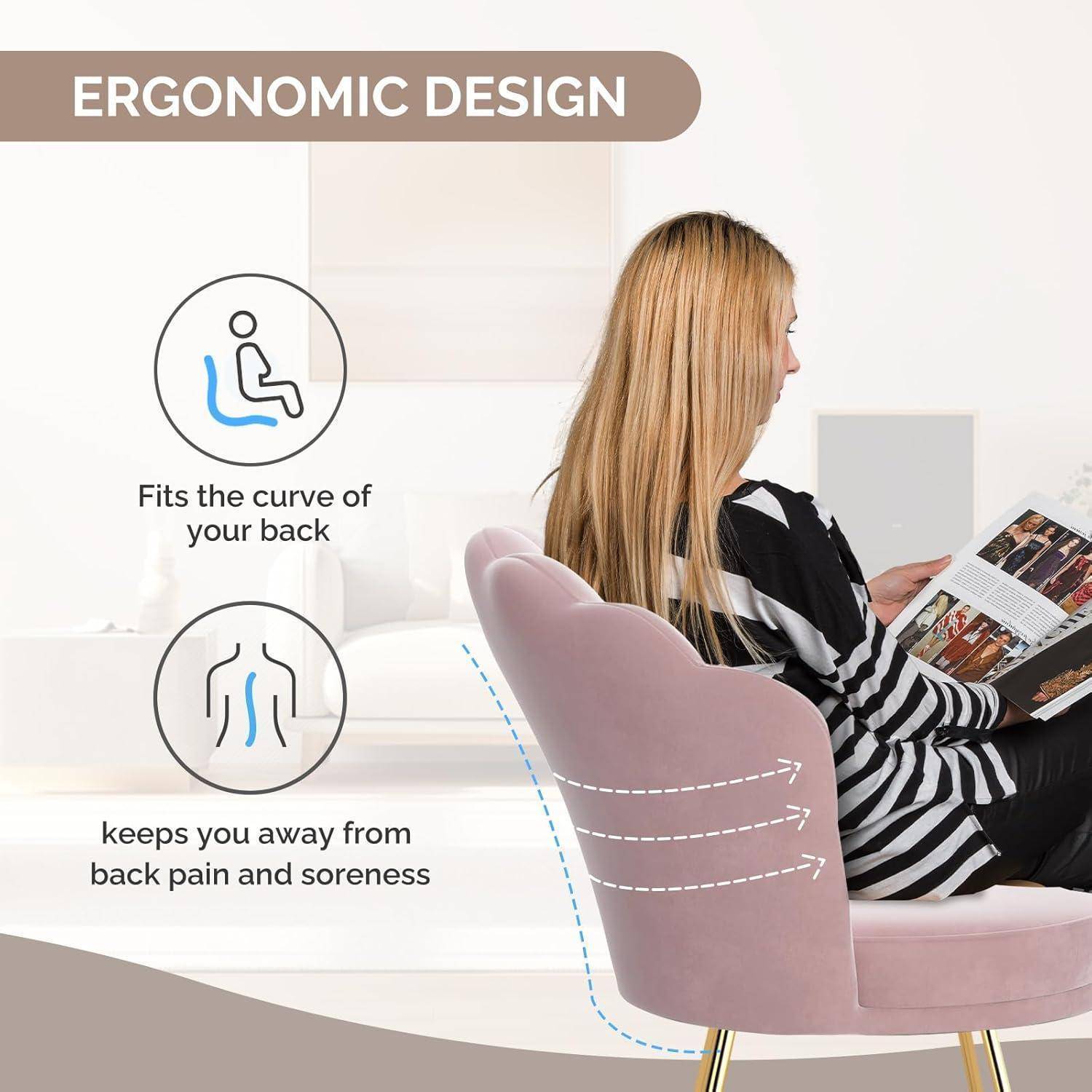Werbebild einer Frau, die in einem rosa Stuhl liest, mit Textfeldern für „ERGONOMISCHES DESIGN