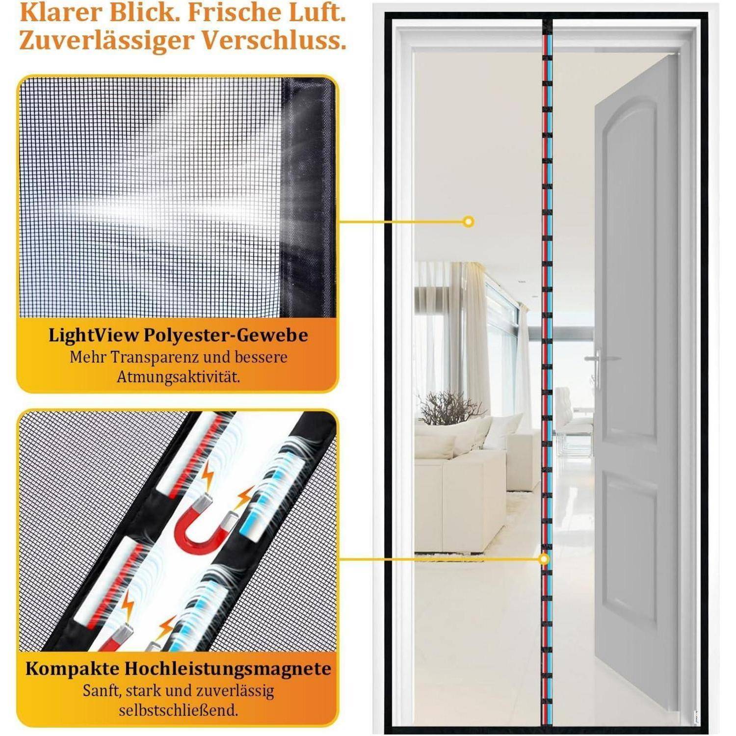 Fliegengitter-Türe mit Magnetverschluss, zeigt transparentes Gittergewebe und selbstdichtende Mittelfuge; deutscher Text hebt klare Sicht, frische Luft und zuverlässigen Verschluss hervor.