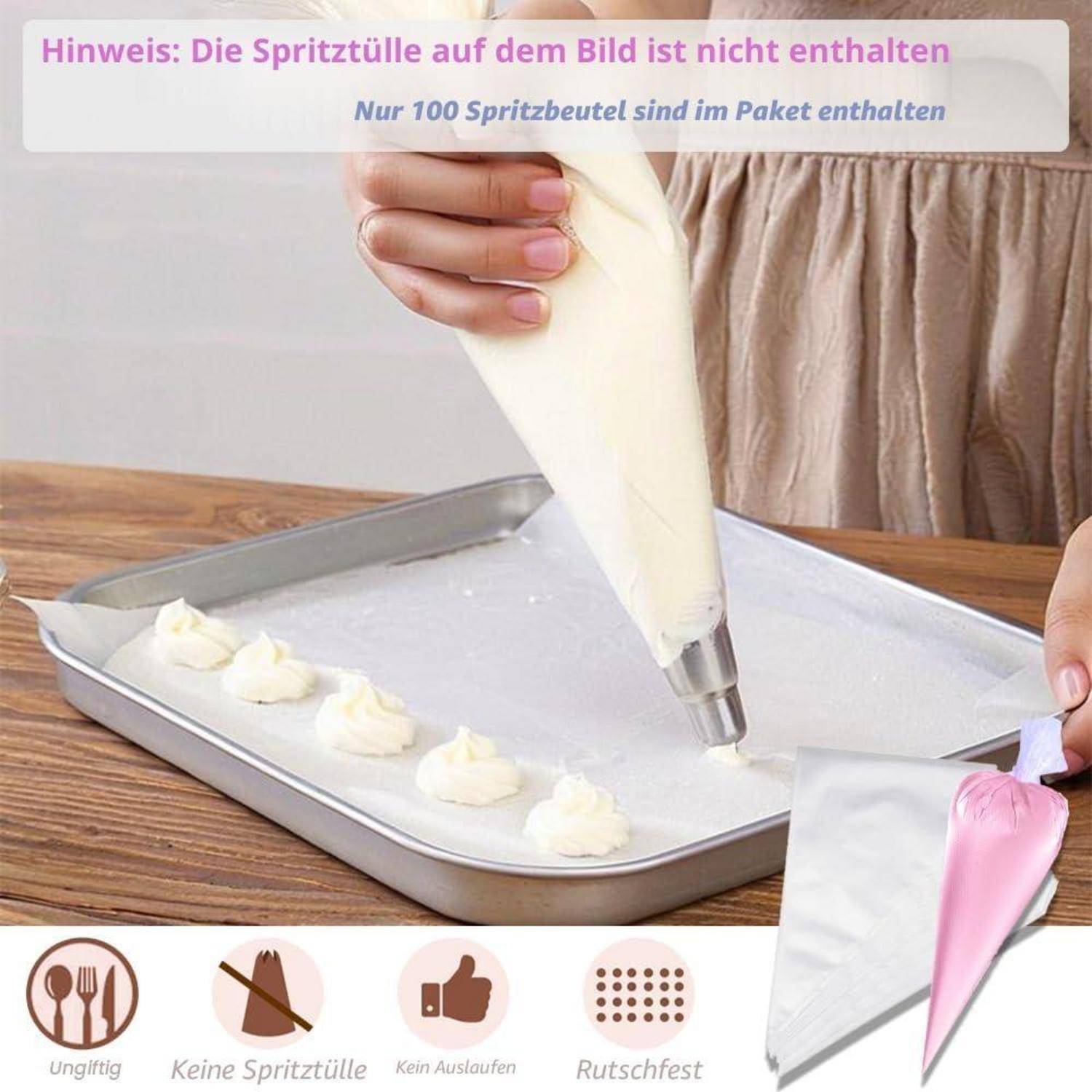 Person, die mit Spritzbeuteln weiße Creme auf ein Backblech spritzt; deutscher Text vermerkt, dass die Düse nicht enthalten ist und dass die Beutel rutschfest und auslaufsicher sind.