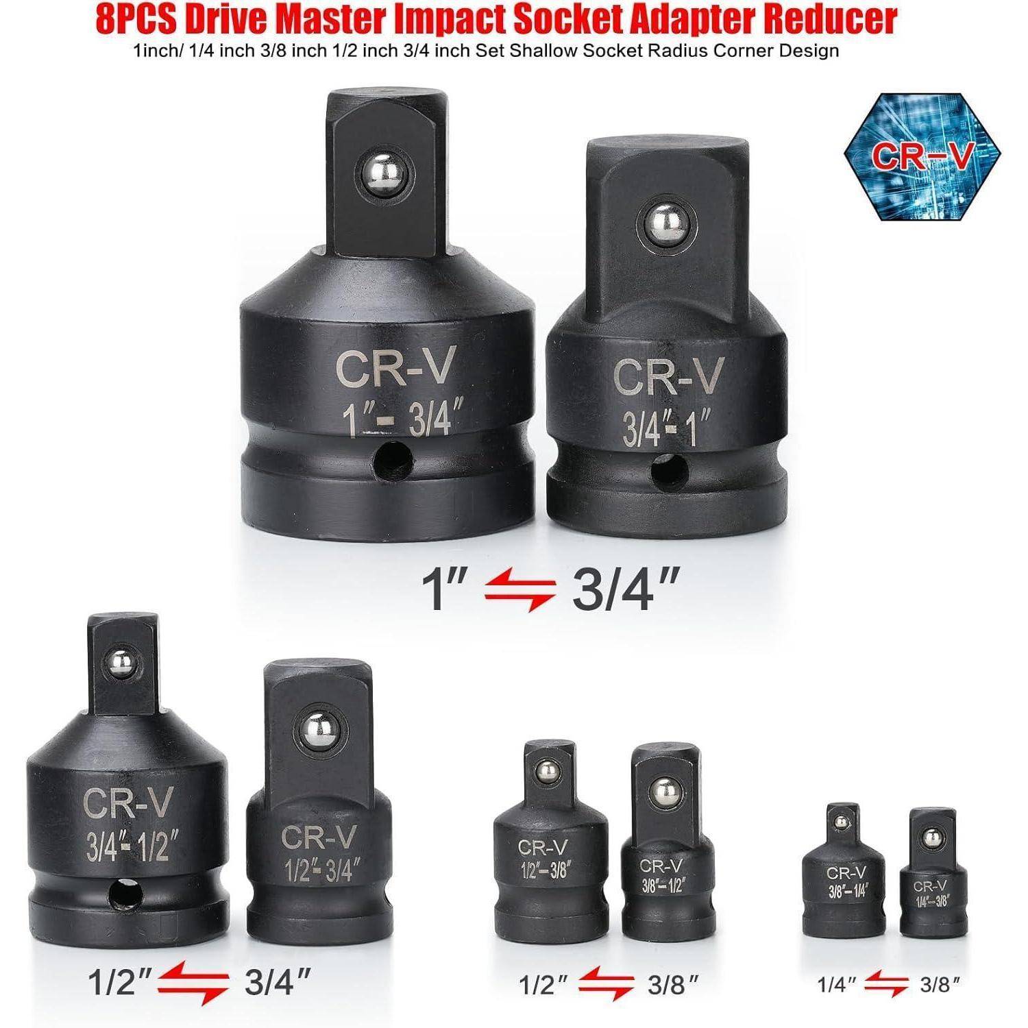 Produktbild von 8 Antriebsmeister-Schlagsteckeradaptern, zeigt CR-V-Adapter in mehreren Größen mit Größenetiketten wie 1' bis 3/4', 3/4' bis 1', 1/2' bis 3/4' und 1/4' bis 3/8'.