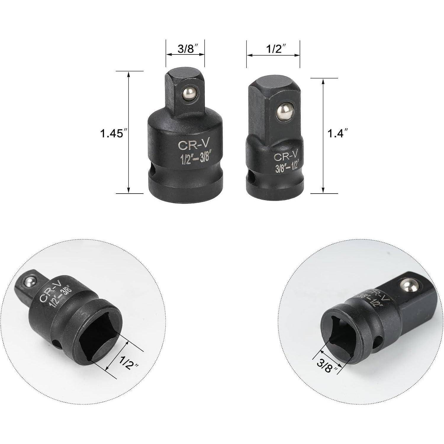 Produktbild mit zwei schwarzen Chrom-Vanadium-Steckadaptern, mit den Bezeichnungen 3/8 Zoll und 1/2 Zoll, mit Größenmessungen und angewinkelten Nahaufnahmen von jedem Antriebsende.